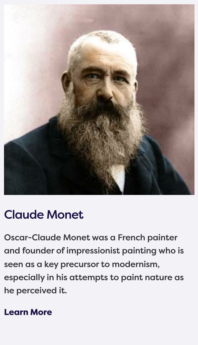 Artist block-style profile with portrait and short biography.