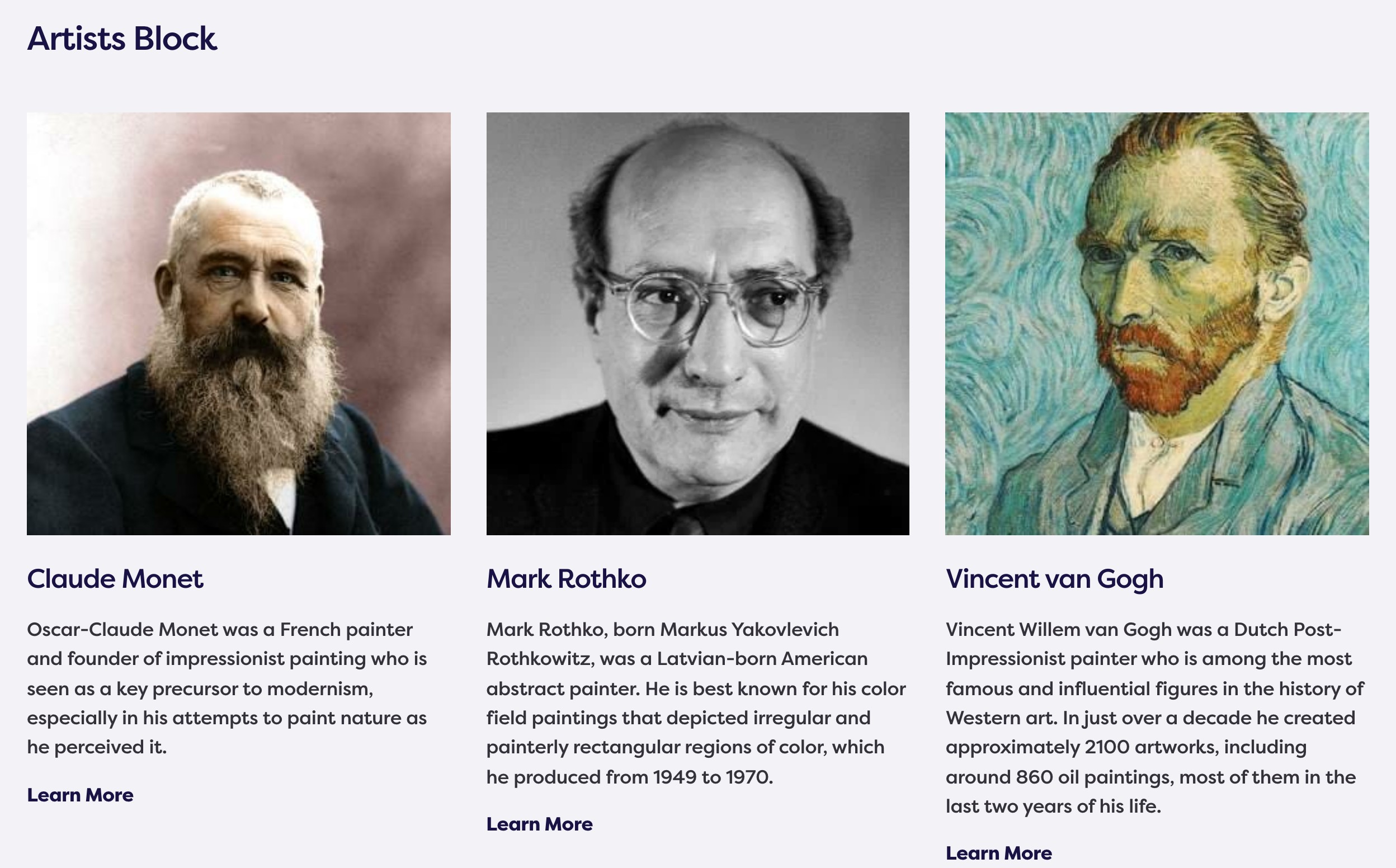 Artists block showing Monet, Rothko, and van Gogh in a three-column grid.