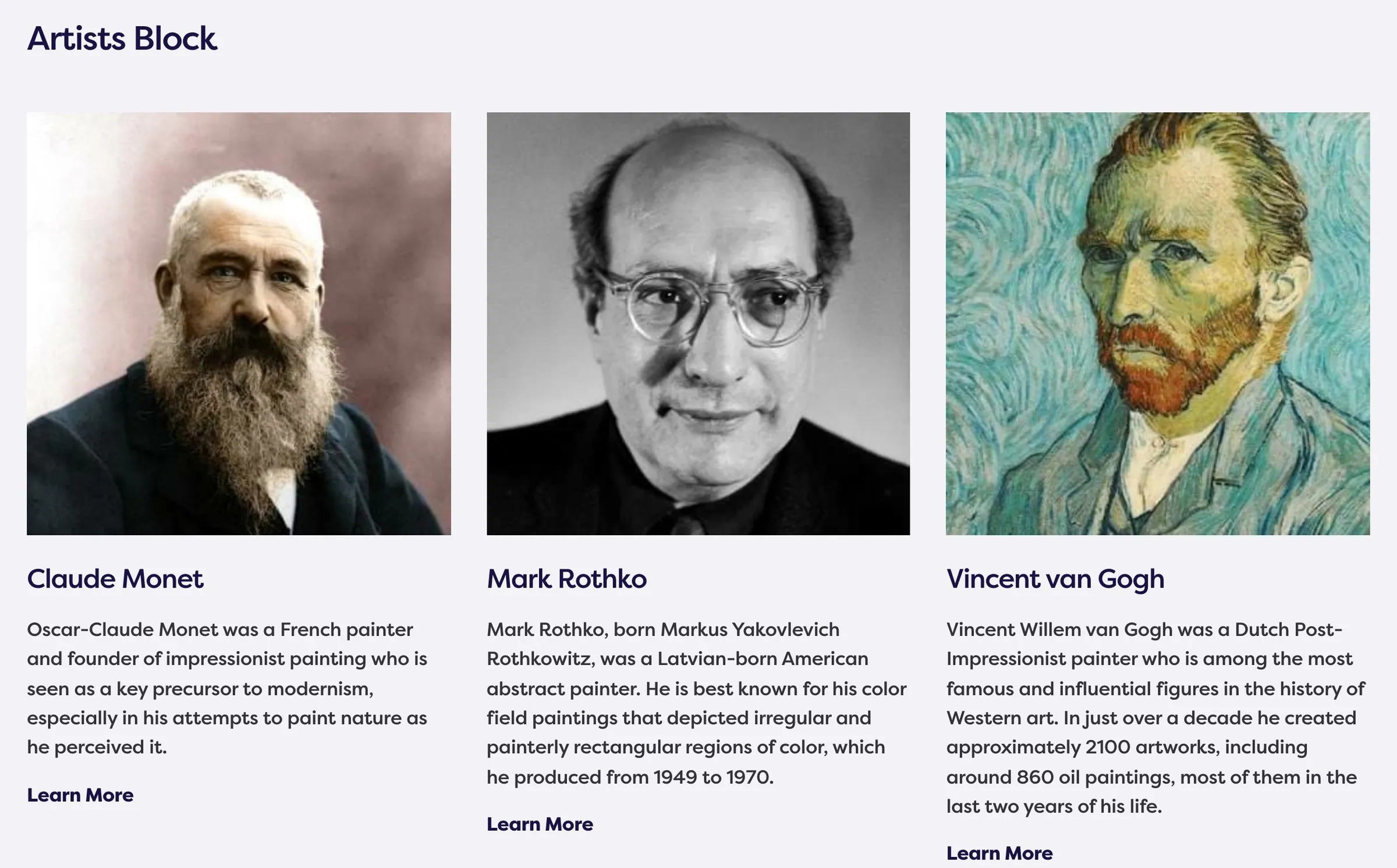 Artists block showing Monet, Rothko, and van Gogh in a three-column grid.