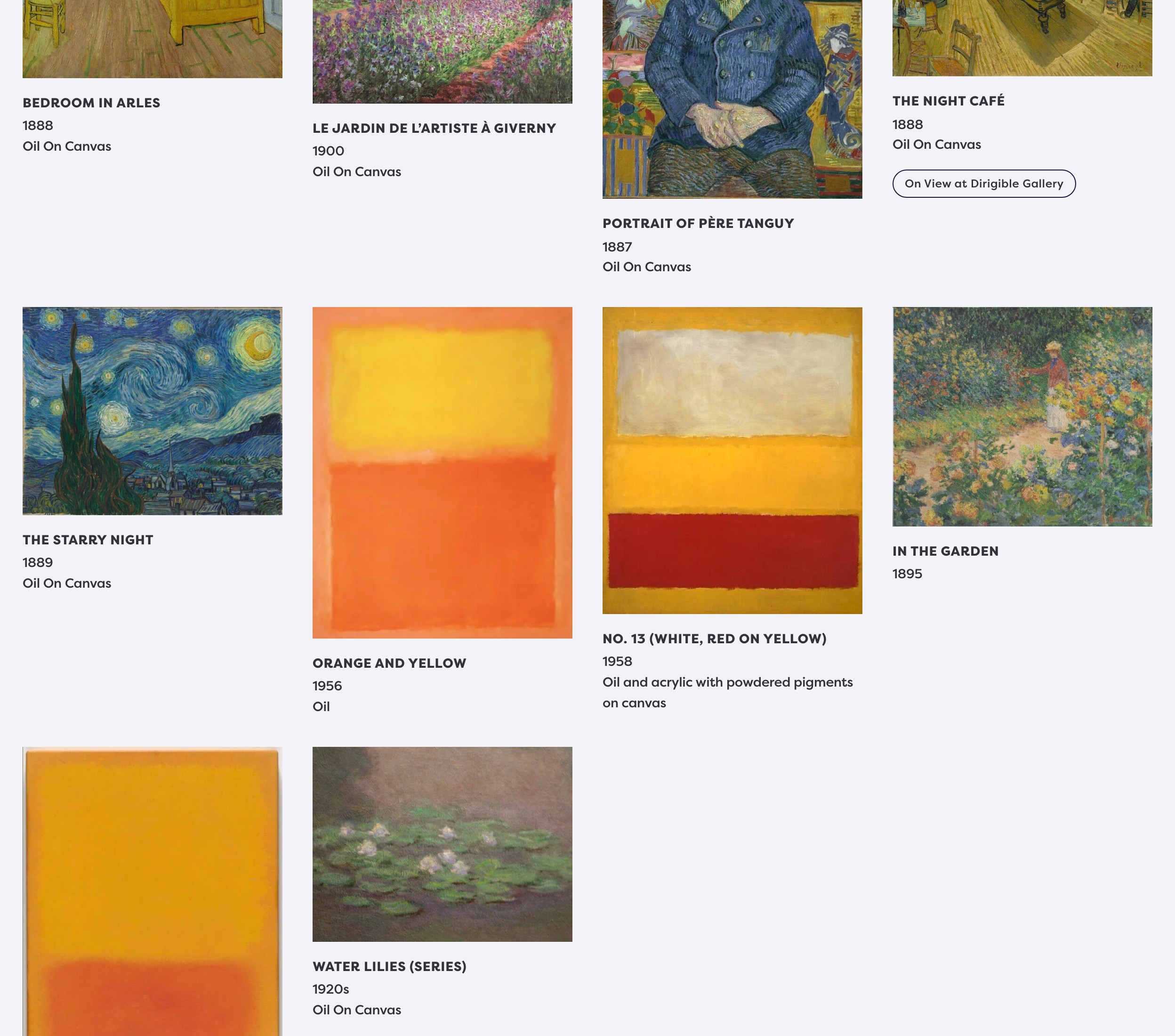 Artwork Gallery showing a grid of paintings with titles and dates.