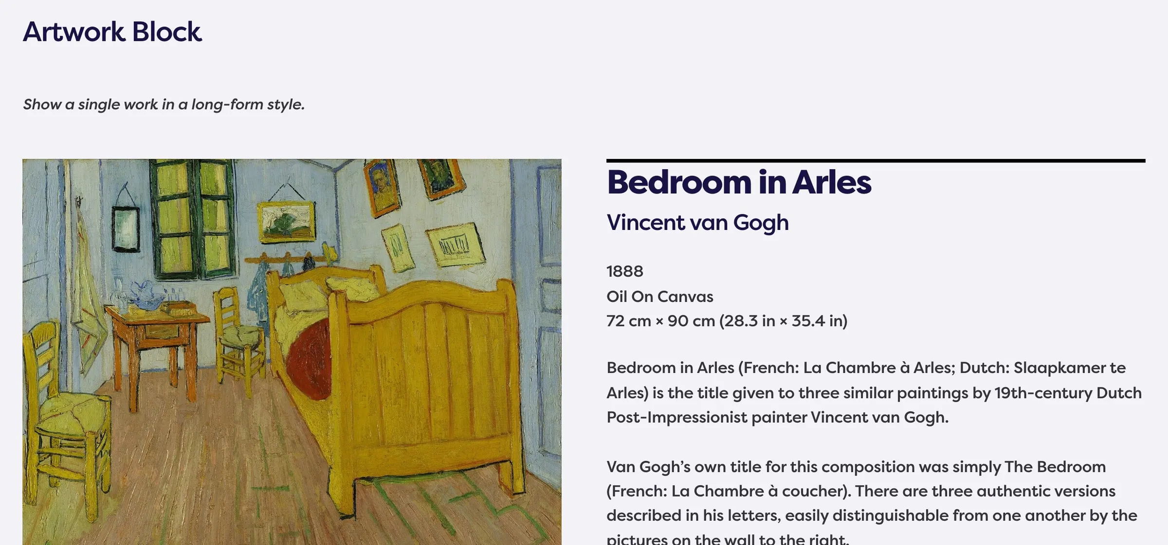 Artwork block for Bedroom in Arles with image and description.