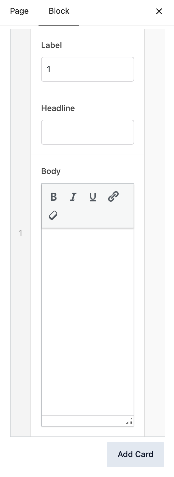 Cards (repeater) setting in the block editor sidebar