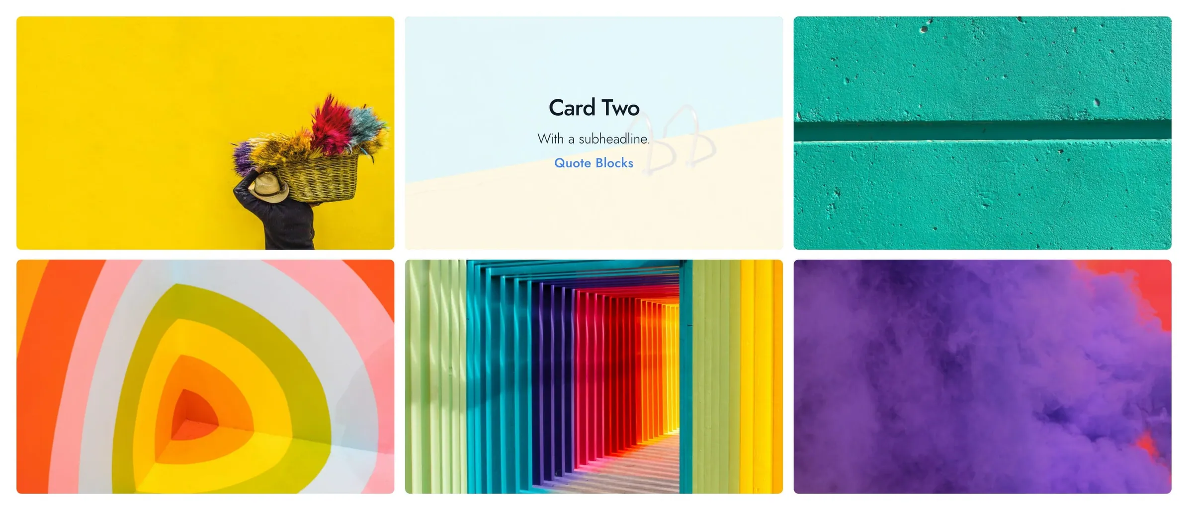 Overlay Grid of photo cards, with headline text and a color overlay revealed on hover.