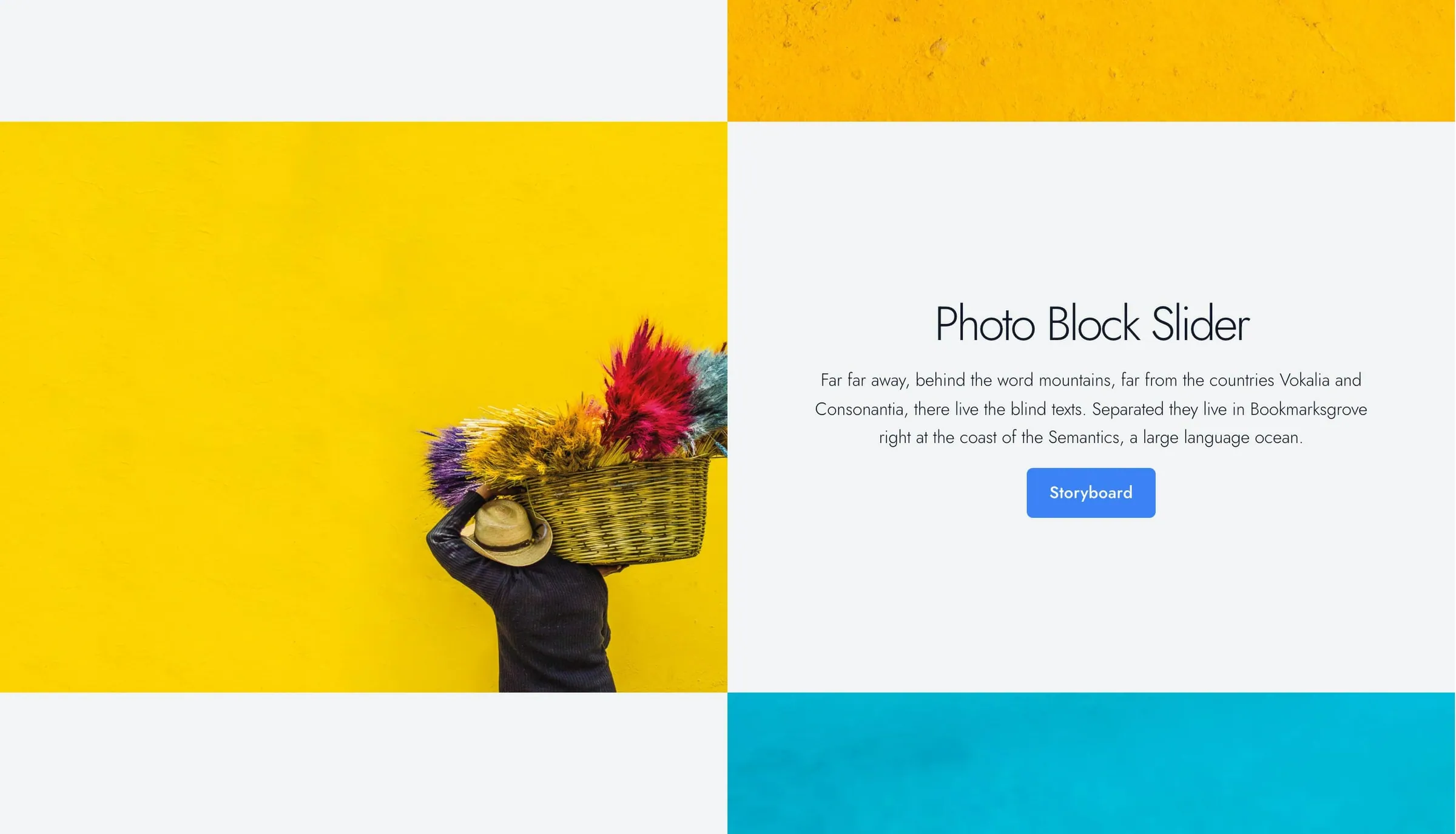 Photo Block Slider with a rotating photo on one side and a headline and paragraph on the other.