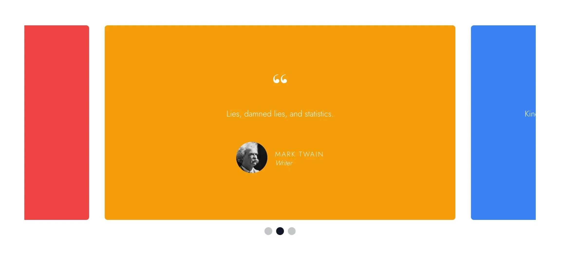 Quote slider with a centered testimonial card and neighboring cards visible at the edges.