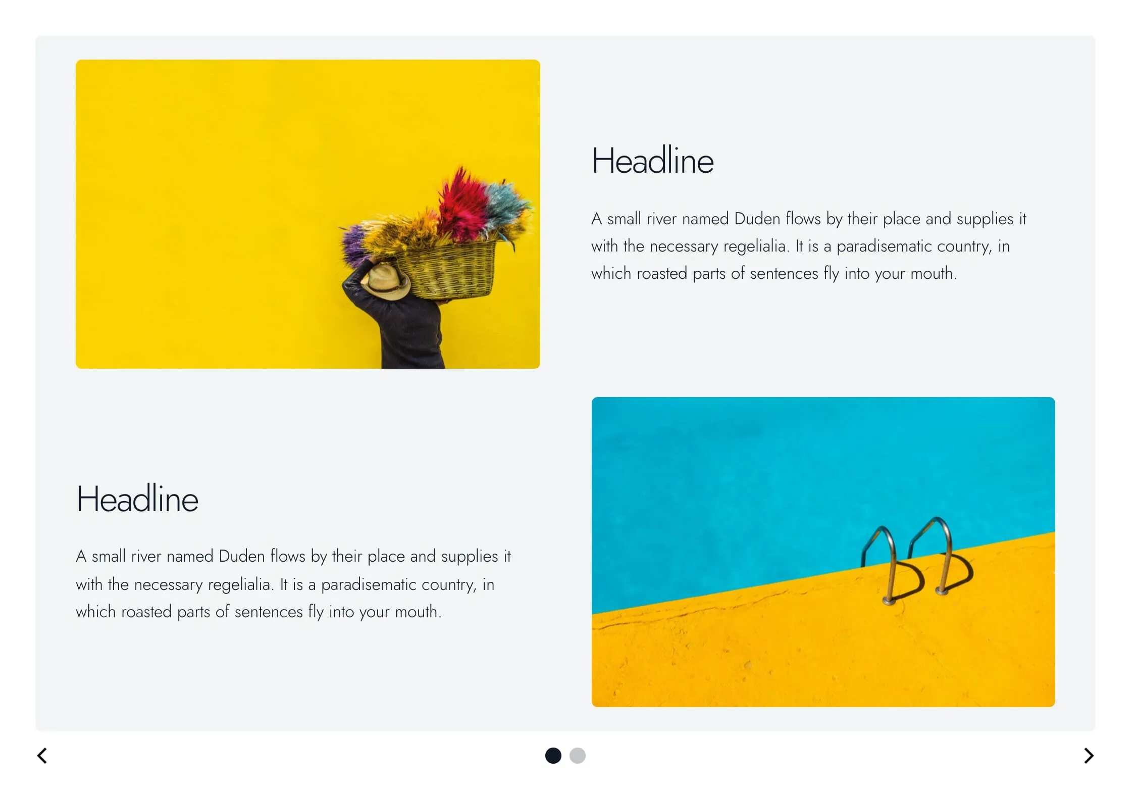 Slideshow showing one slide of mixed text and image content with navigation dots below.