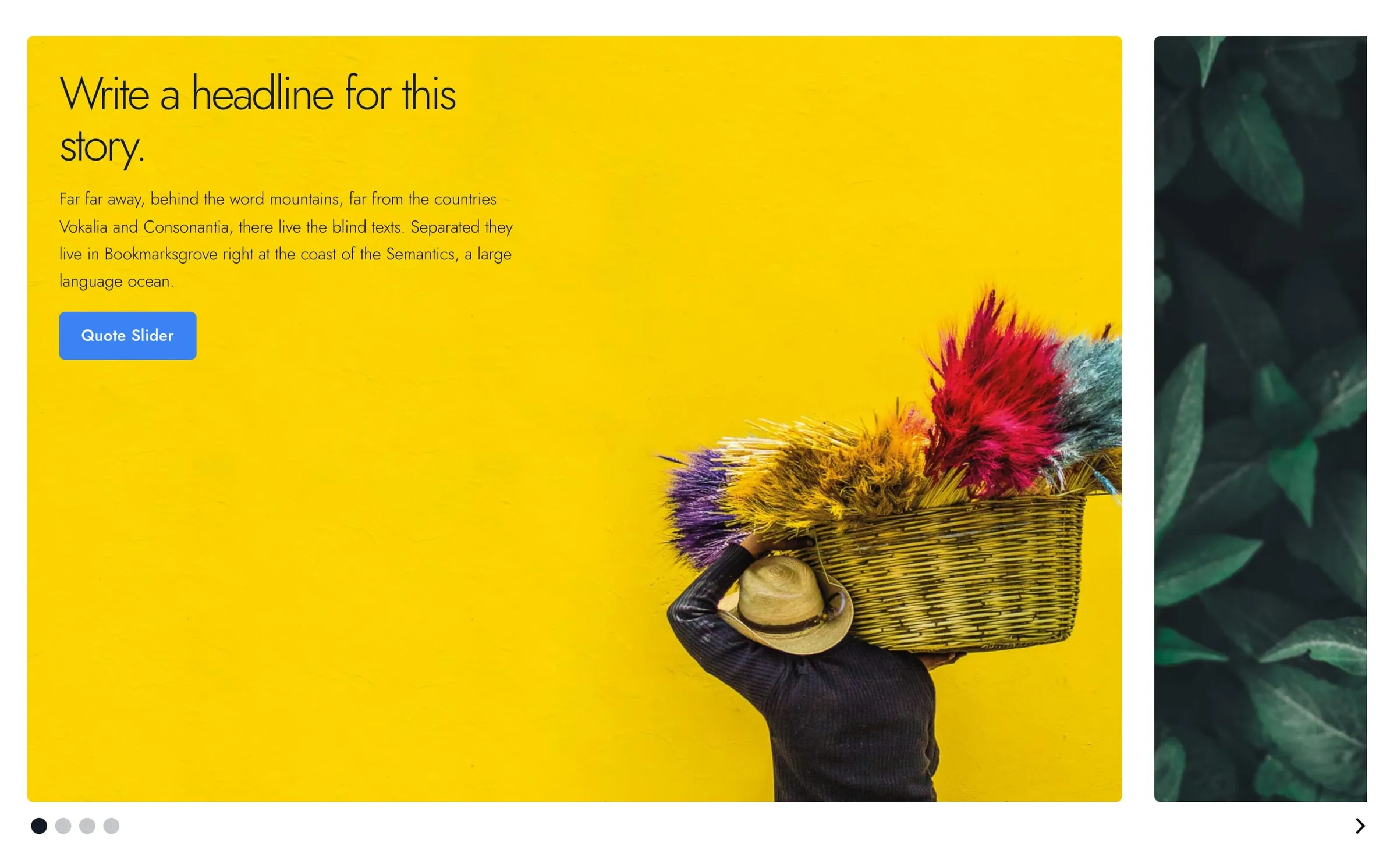 Storyboard Slider showing a large photo slide with a headline and text over a color overlay.