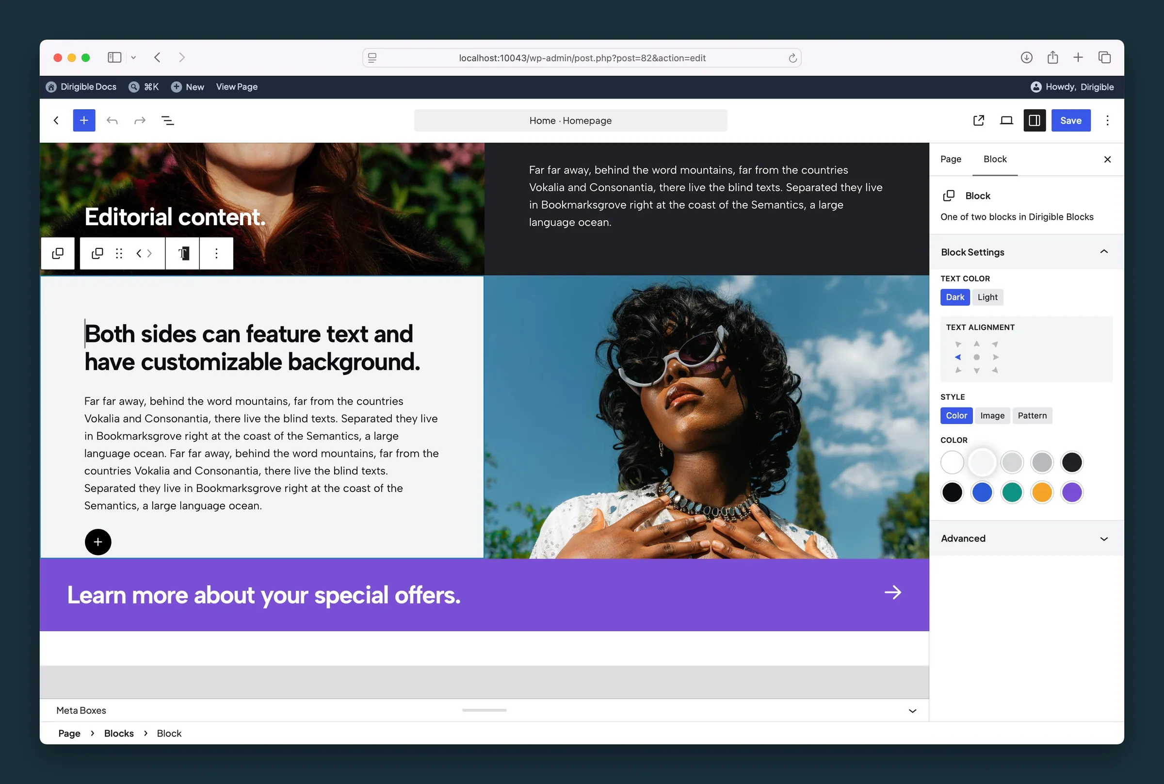 Child Block settings — text color, text alignment, and color background.