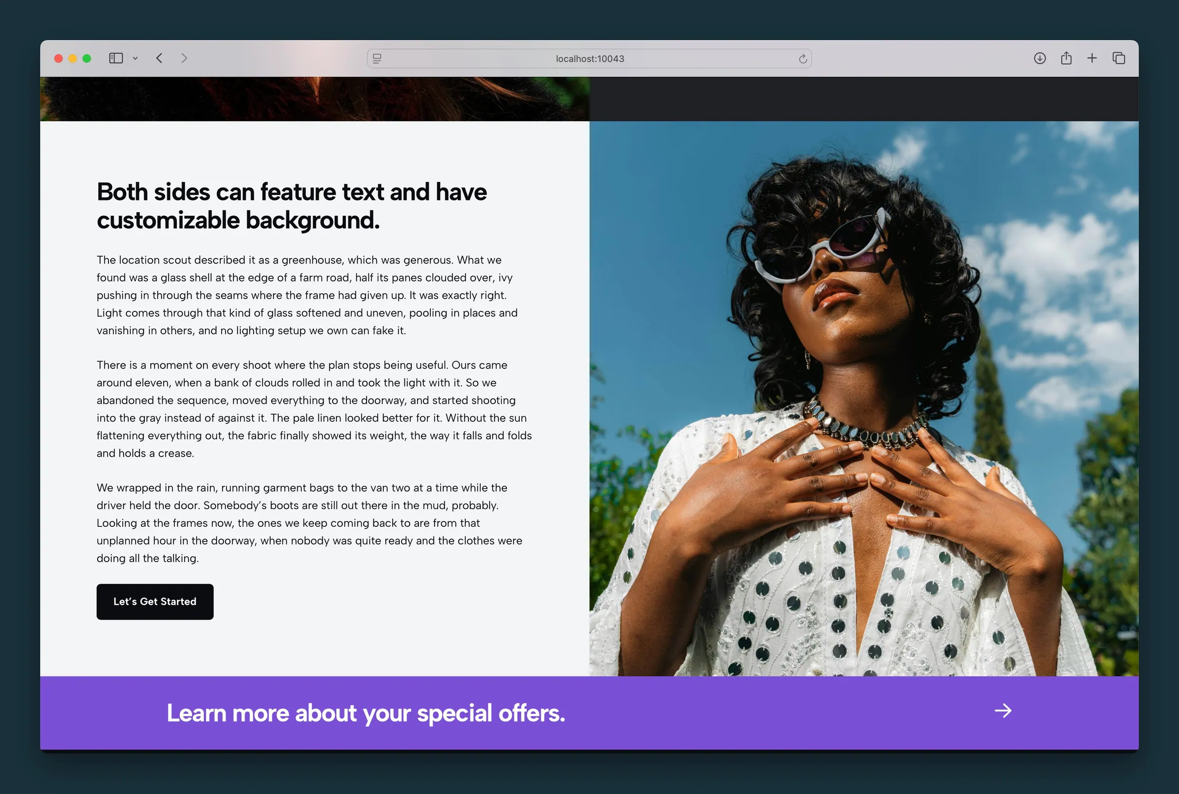 Text-and-CTA panel beside a full-bleed photo panel.