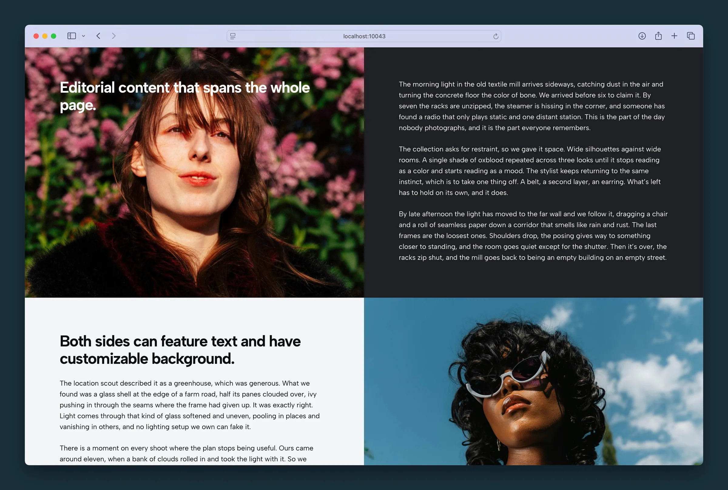 Two Blocks rows stacked — editorial image with overlay copy, then reversed text and photo.