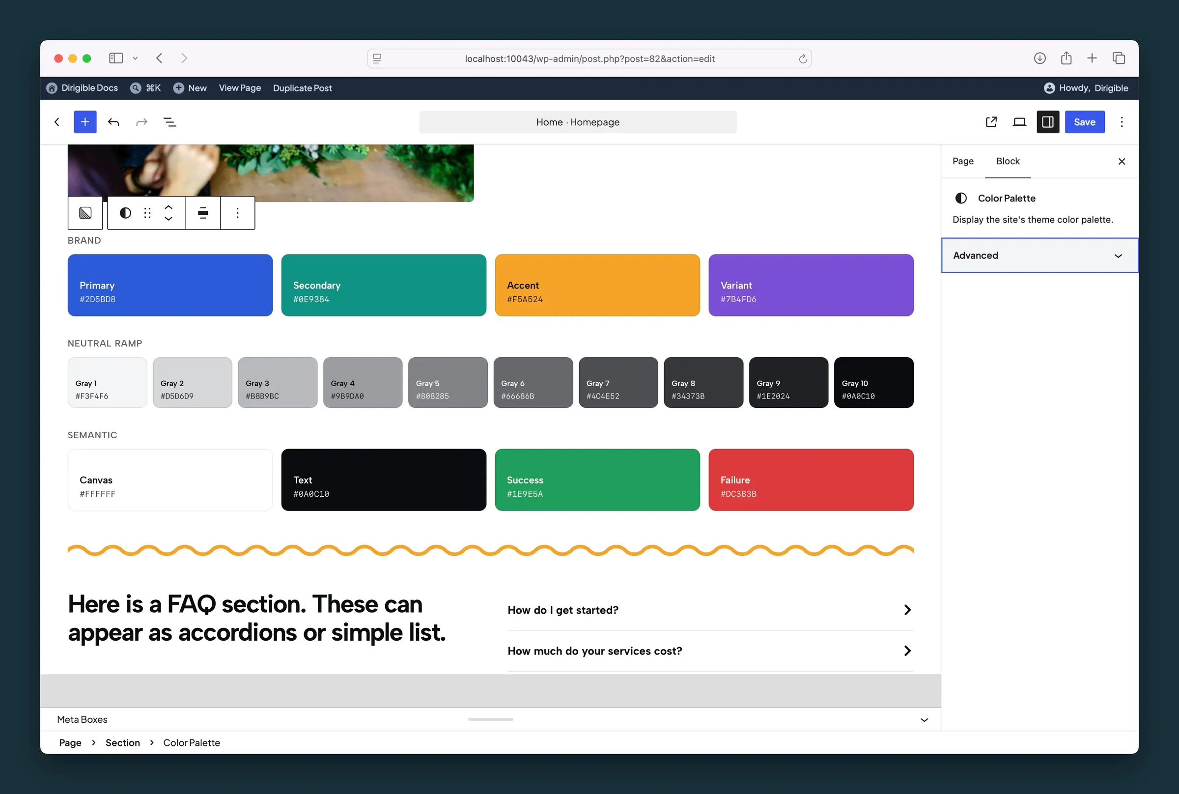 Color Palette in the editor — no sidebar settings beyond Advanced; the block mirrors the live theme palette.