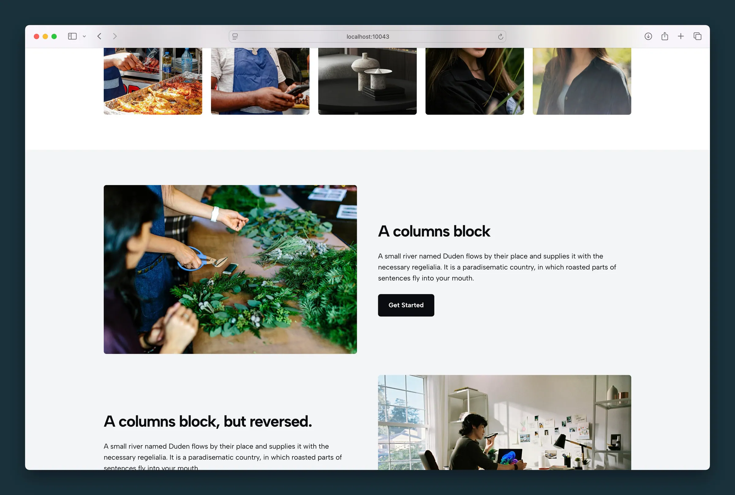 Two Columns layouts — image beside a headline and button, then the same pattern reversed.