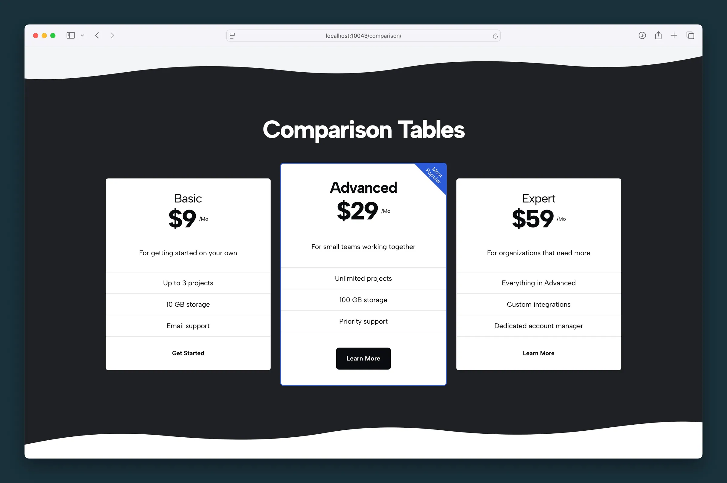Three pricing cards on a dark section — Advanced highlighted with a Most Popular flag and button CTA.