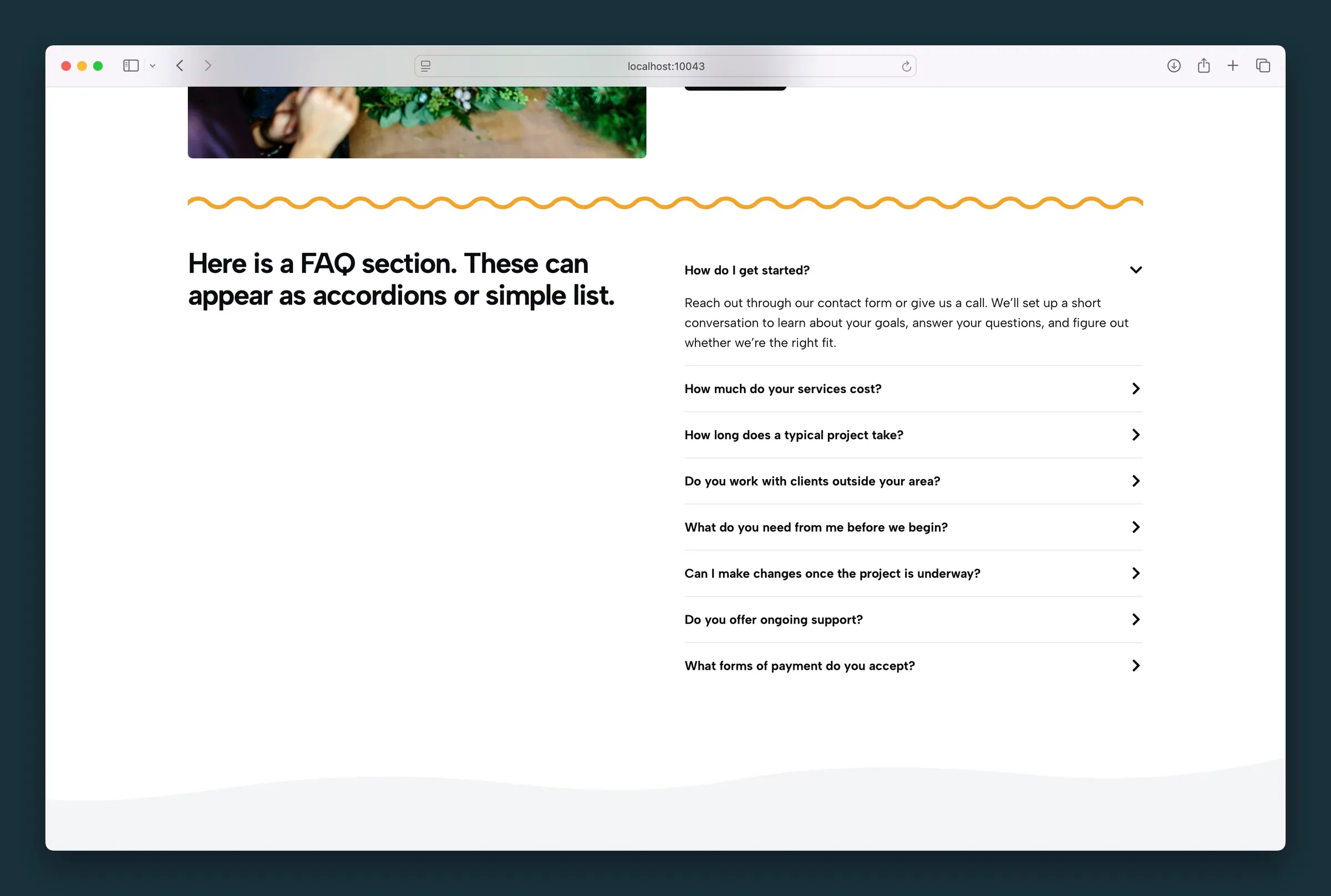 Accordion FAQ beside intro copy — one answer open, the rest collapsed with chevrons.
