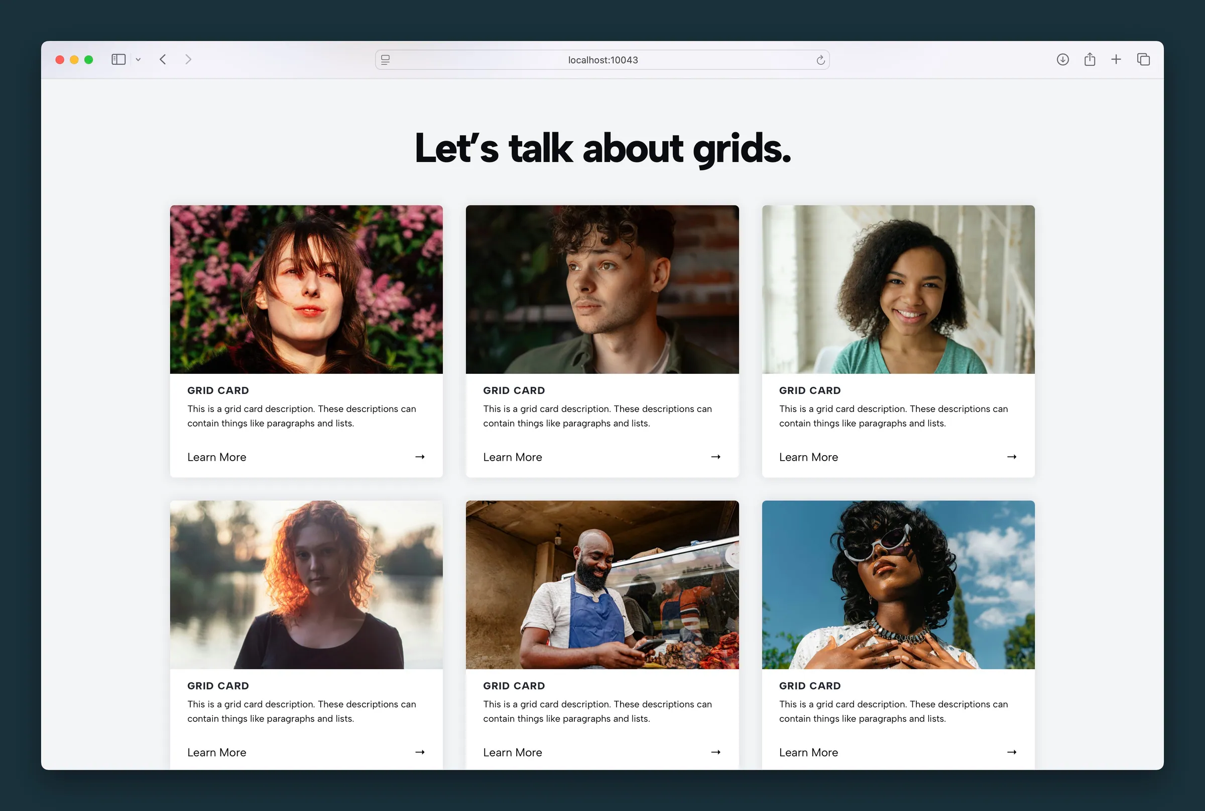 Six image cards in a three-column grid, each with a headline, description, and Learn More link.