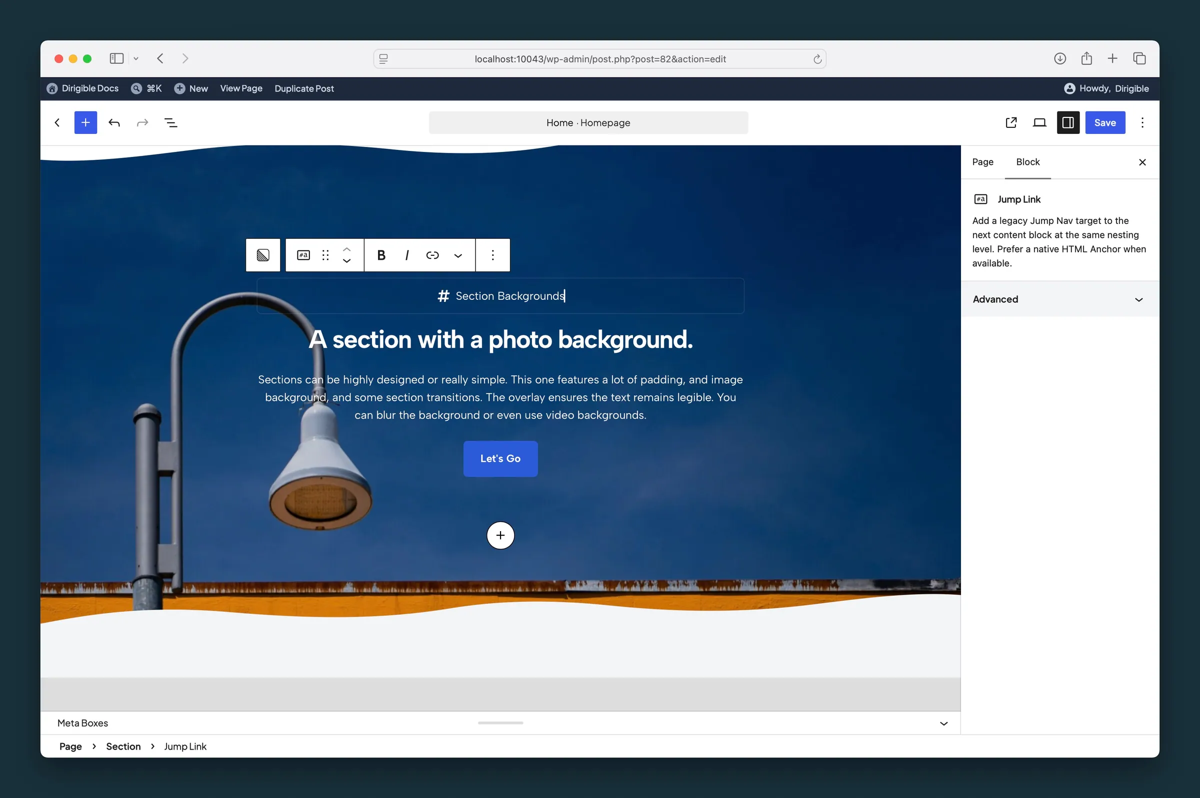Jump Link marker with inline label above a photo section — the title you edit here becomes Jump Nav pill text.
