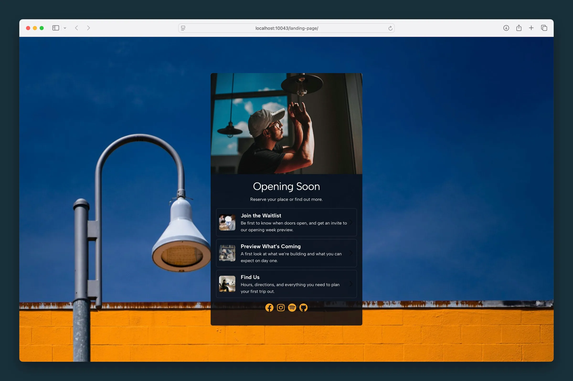 Full-viewport landing page — avatar, headline, link rows with thumbnails, and social icons on a photo background.