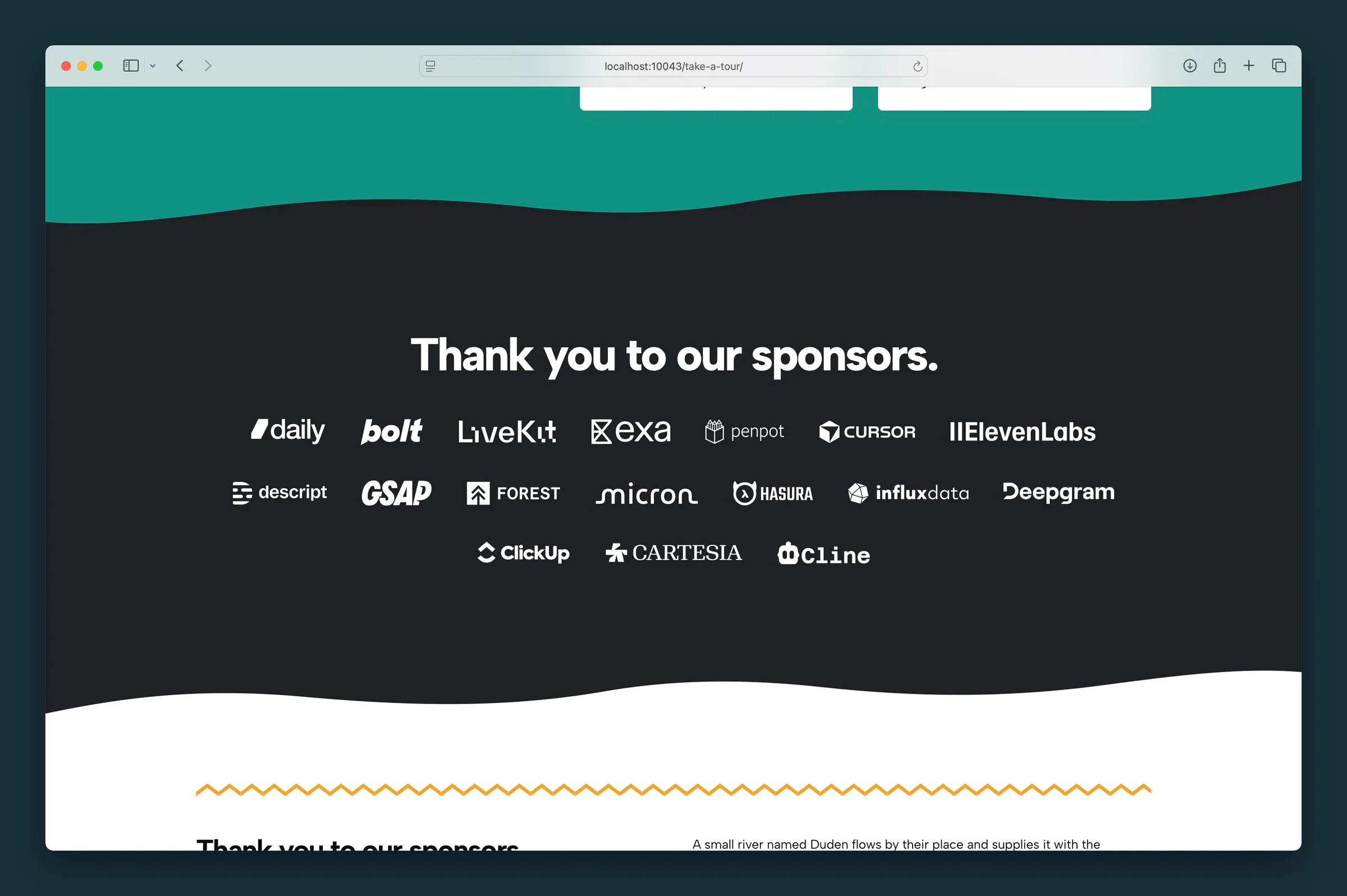 Sponsor logo grid on a dark section — Re-Color Logos tints every mark white for a uniform row.