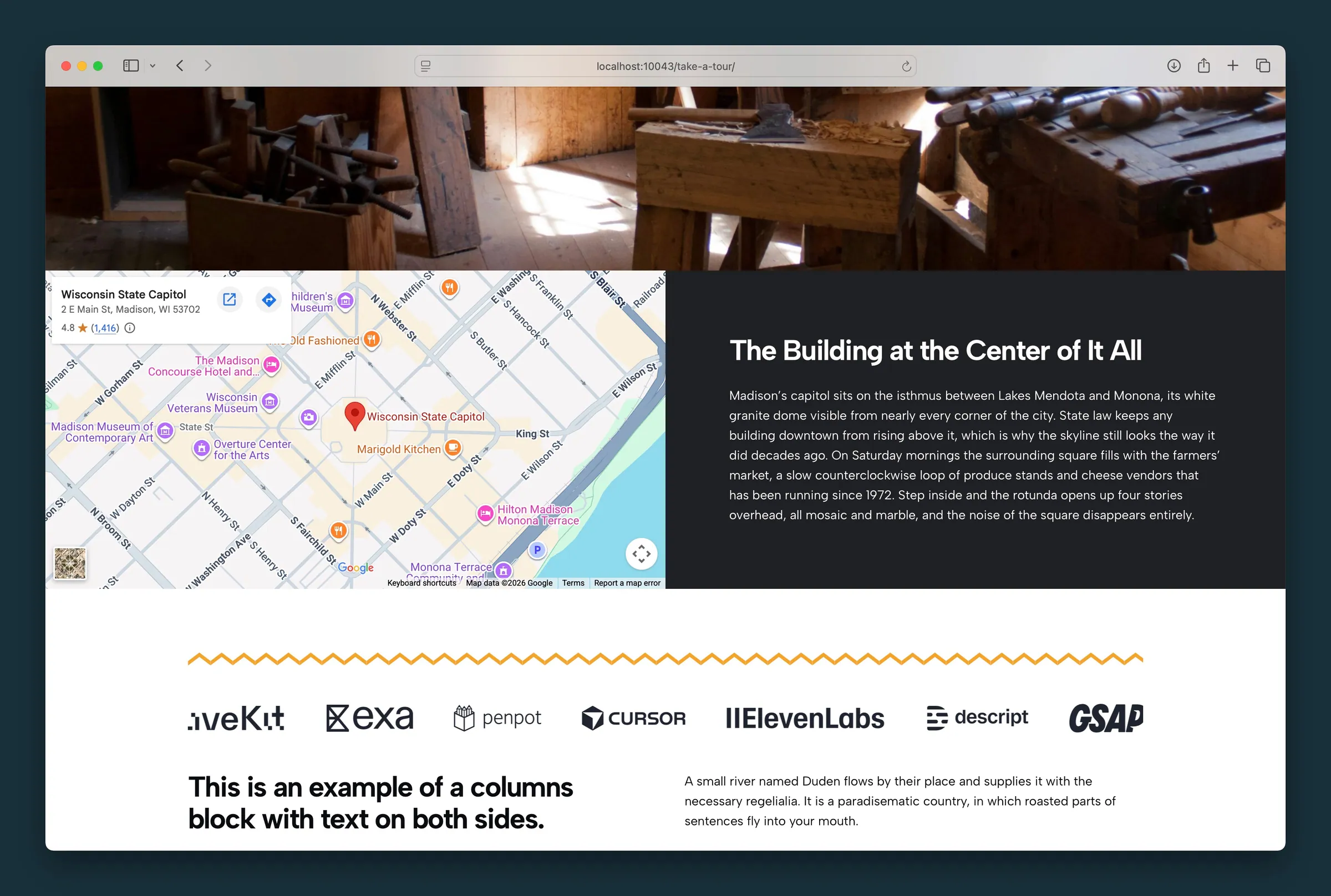 Map & Text on a contact page — Wisconsin State Capitol embed beside a dark content column with heading and copy.