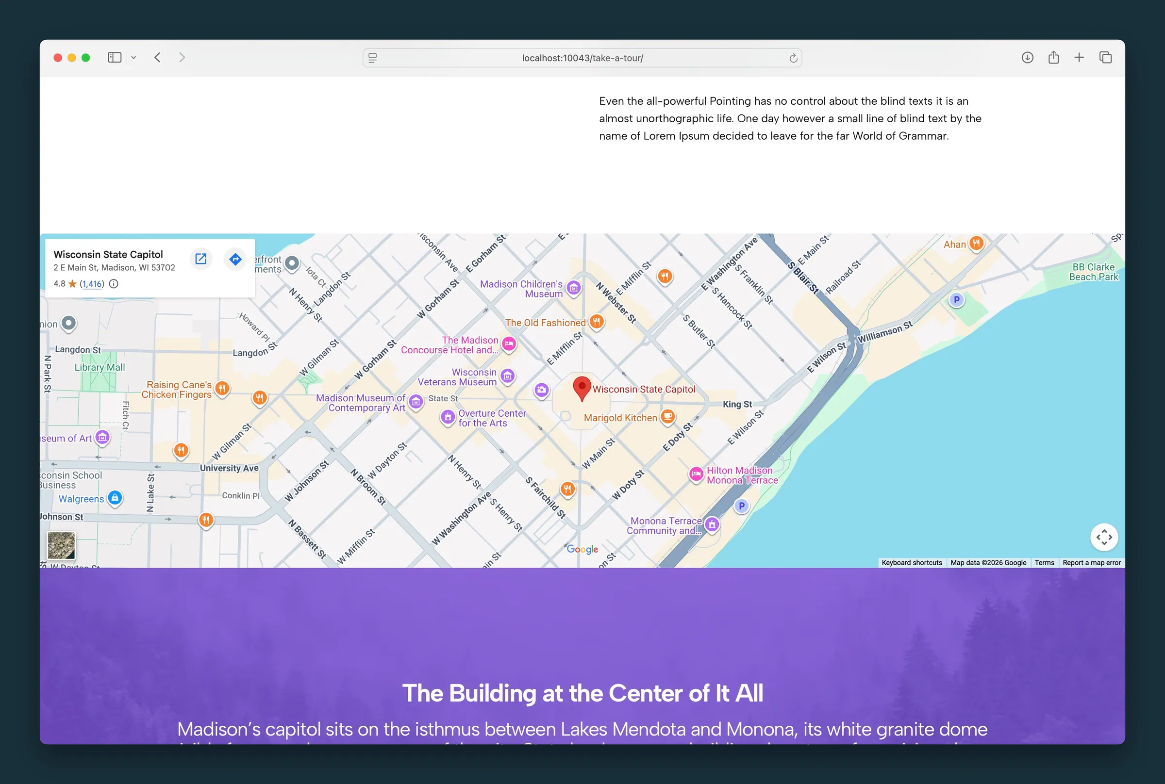 Full-width Google Map on a contact page — Wisconsin State Capitol pin with info card and standard map controls.