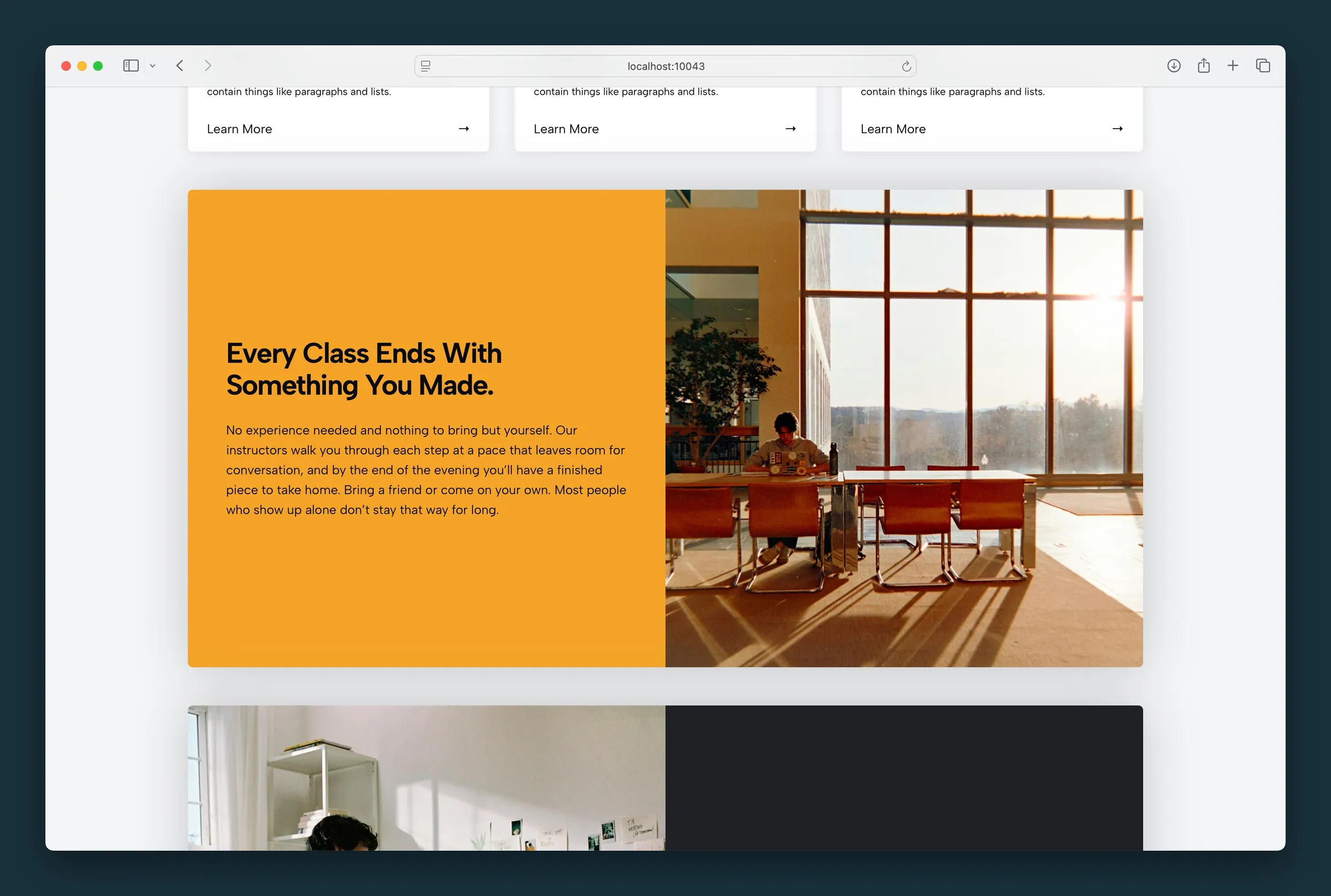 Rounded callout with drop shadow — golden copy column beside a sunlit studio photo.