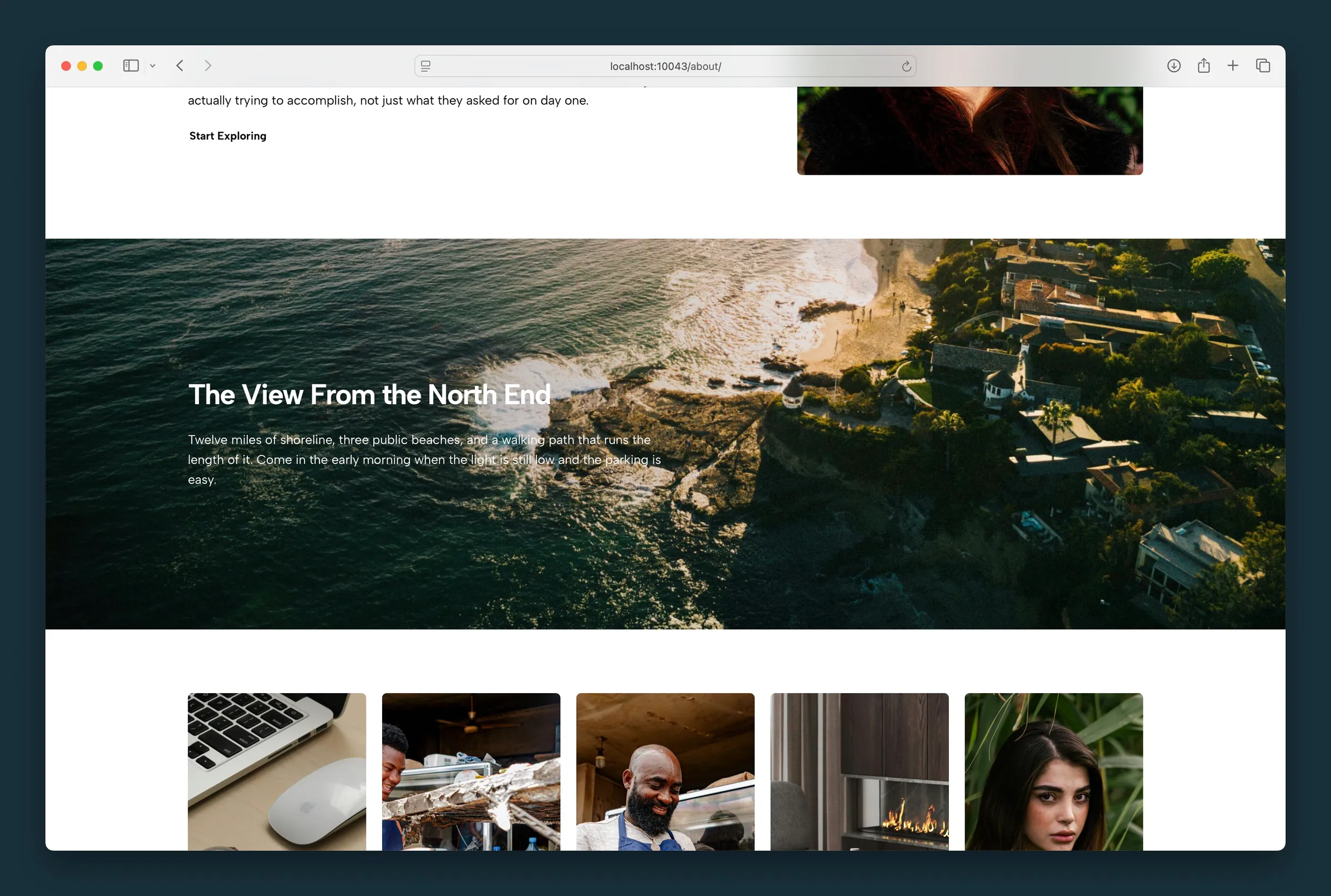 Seamless full-bleed coastal aerial with reverse-print copy on the left — gradient darkening keeps the headline readable over the photo.