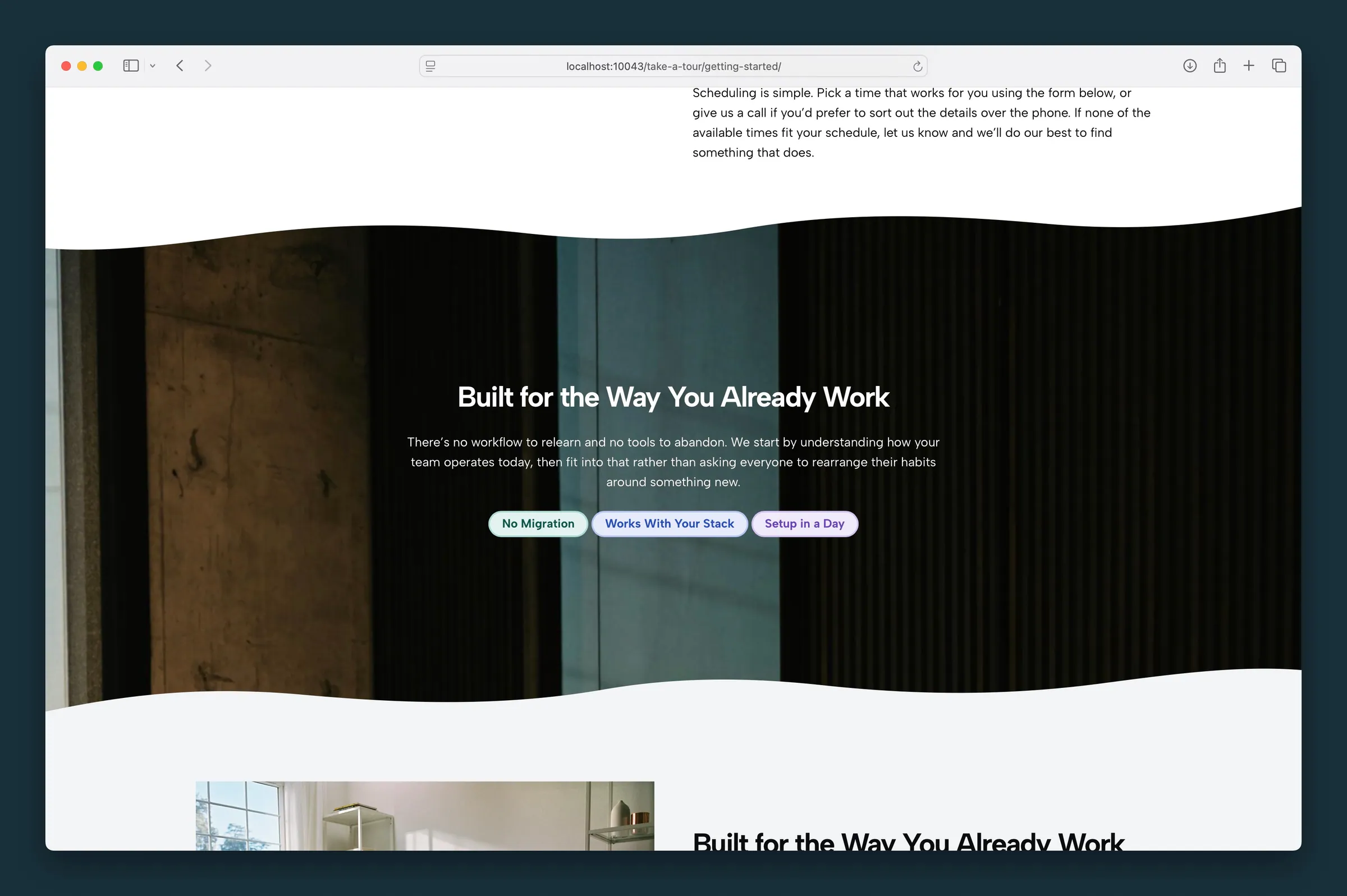 Three accent-colored pills on a dark architectural section — No Migration, Works With Your Stack, and Setup in a Day.