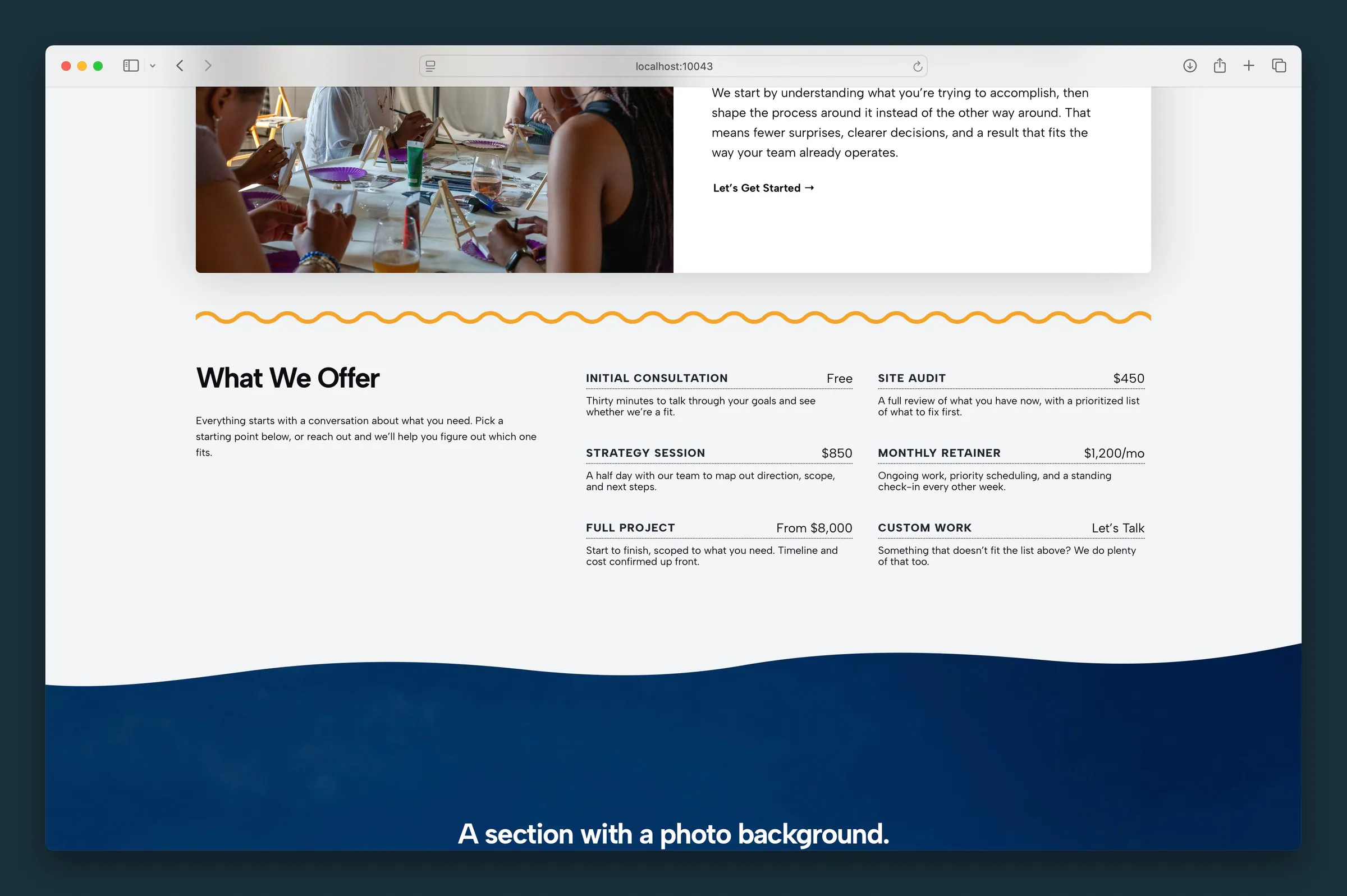 List layout in two columns — dotted leaders connect offering titles to prices beside a What We Offer heading.