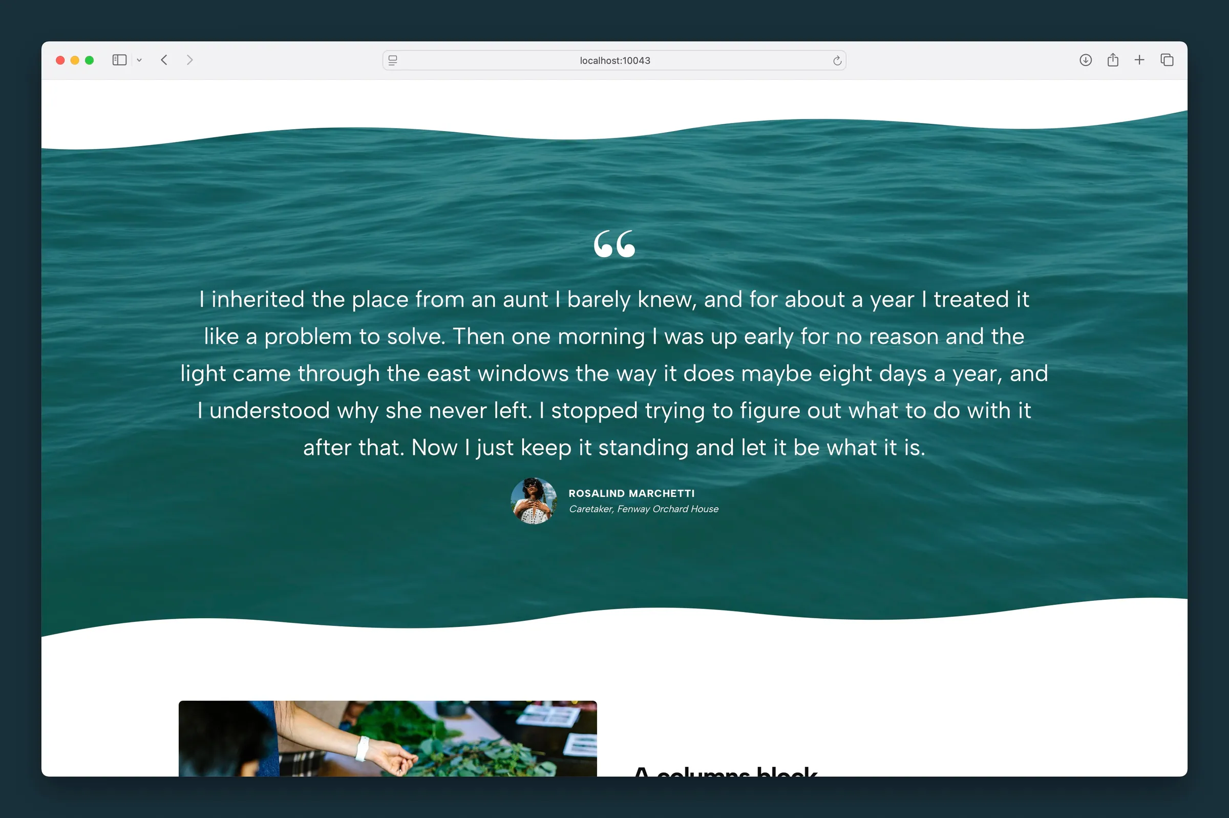 Centered quote inside a Section with ocean background and wavy masks — decorative quote mark, headshot, name, and job title.