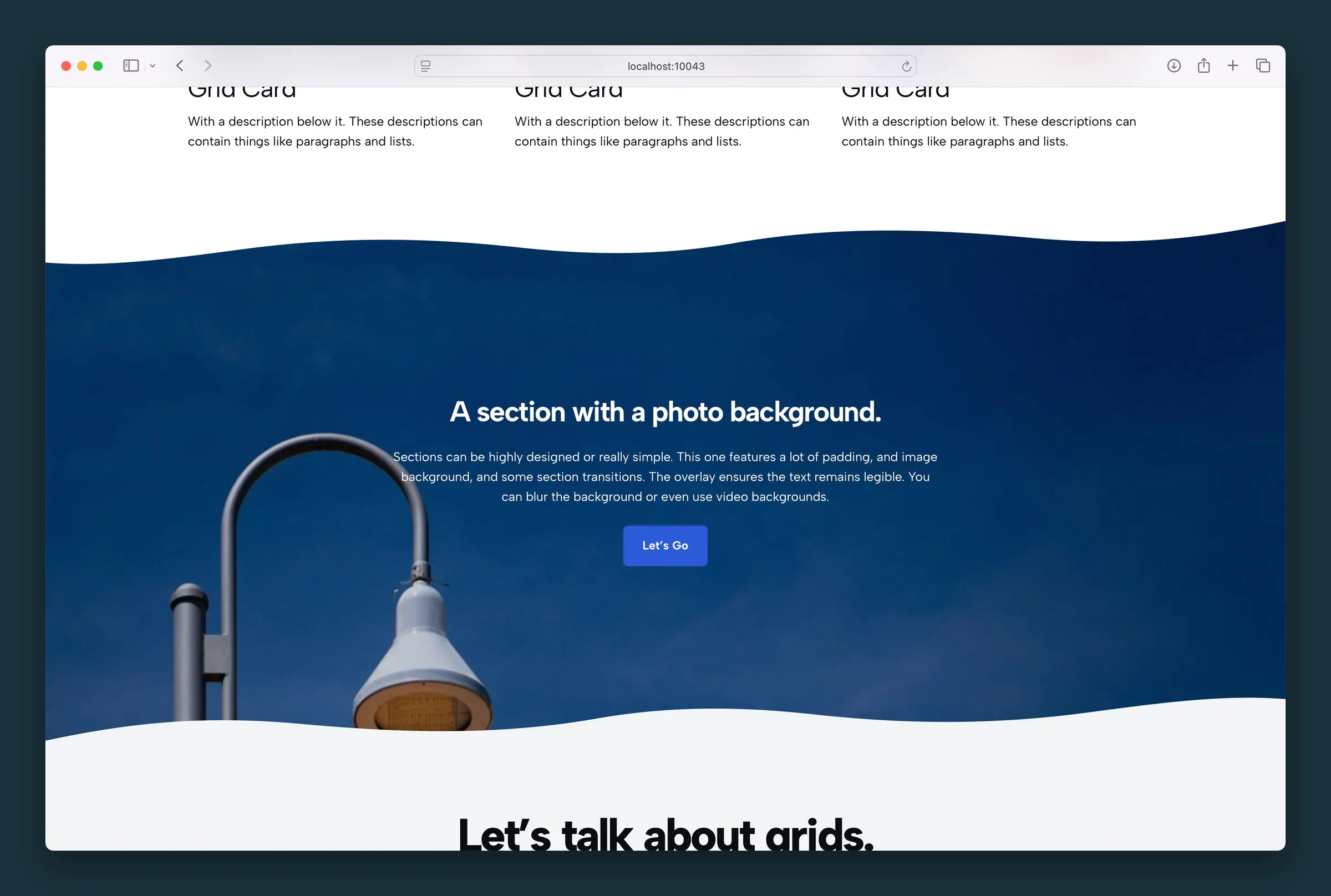 Photo background section with overlay copy, generous padding, wavy transitions, and a centered CTA.