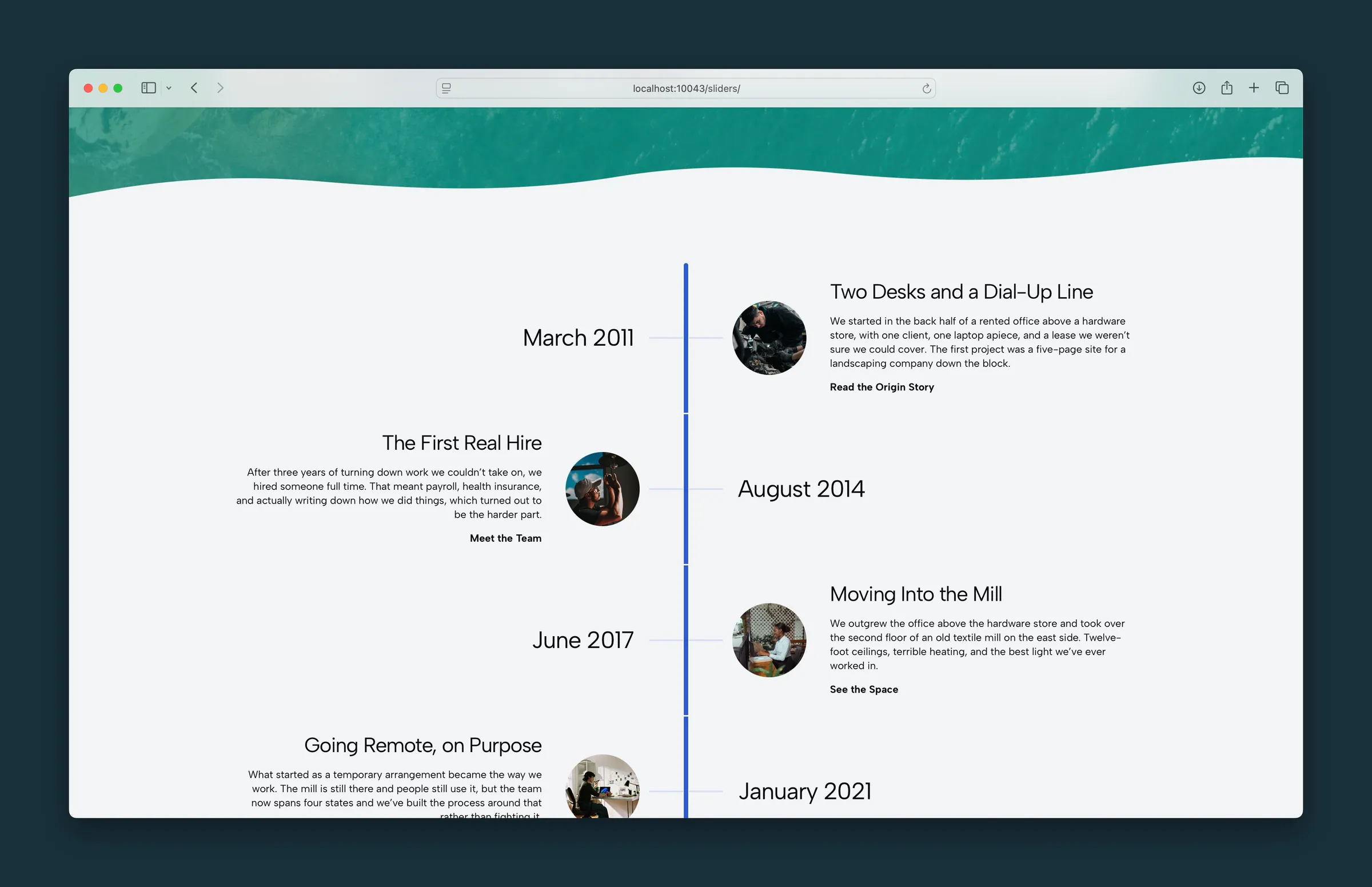 An alternating timeline — dates on one side of the line, photos and stories on the other.