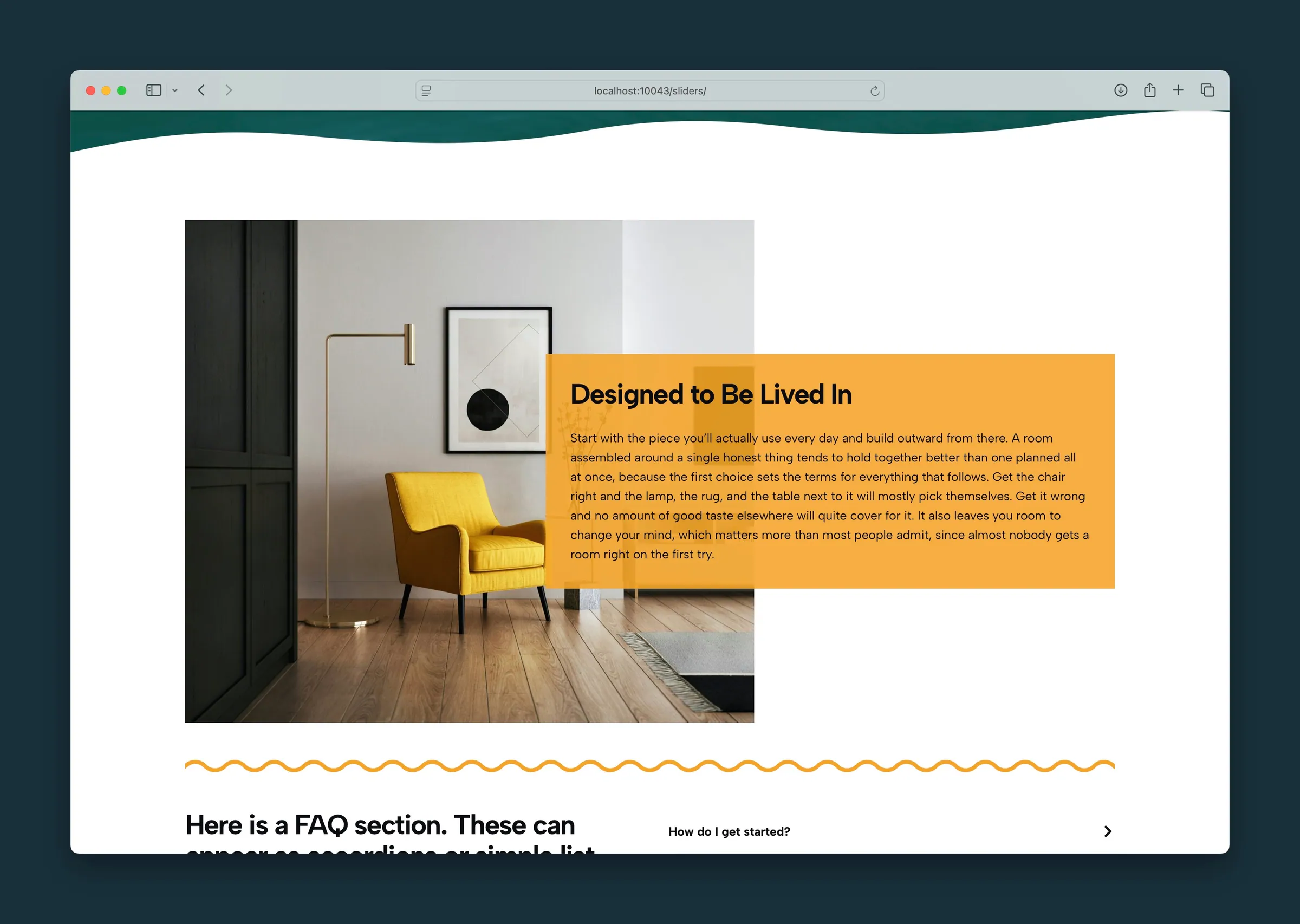 Text Background — a mustard copy panel overlapping the living-room photo.