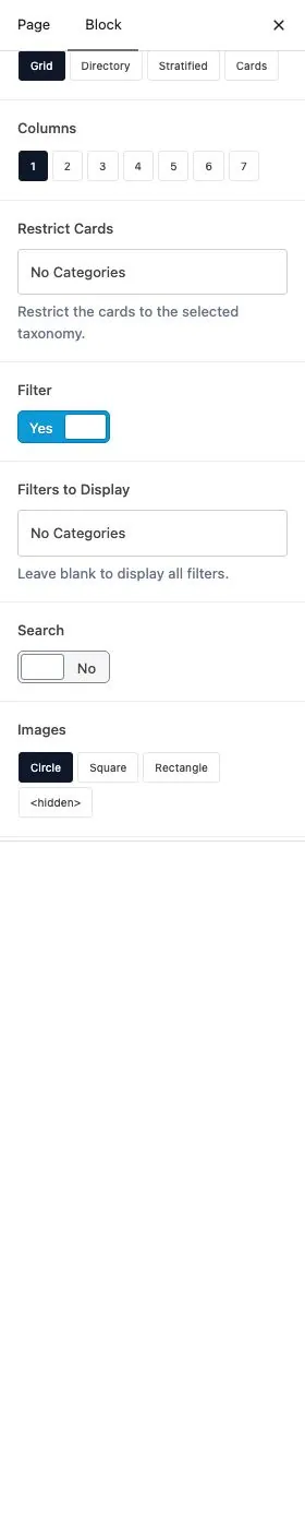 Cards block listing cards with images, titles, and excerpts in the editor