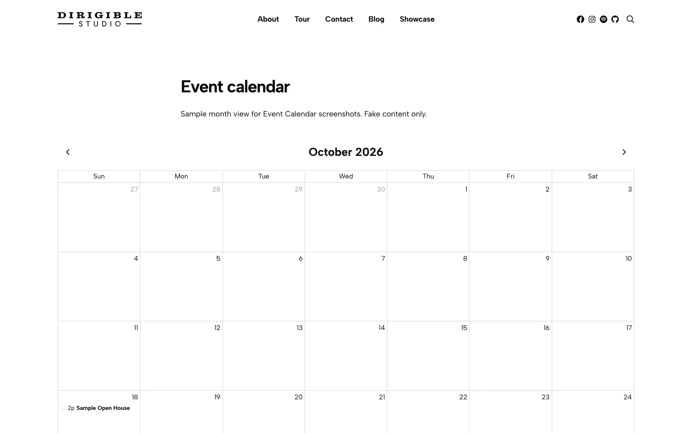 Month-view event calendar for October 2026 showing Sample Open House on the 18th and Sample Maker Retreat later in the month.