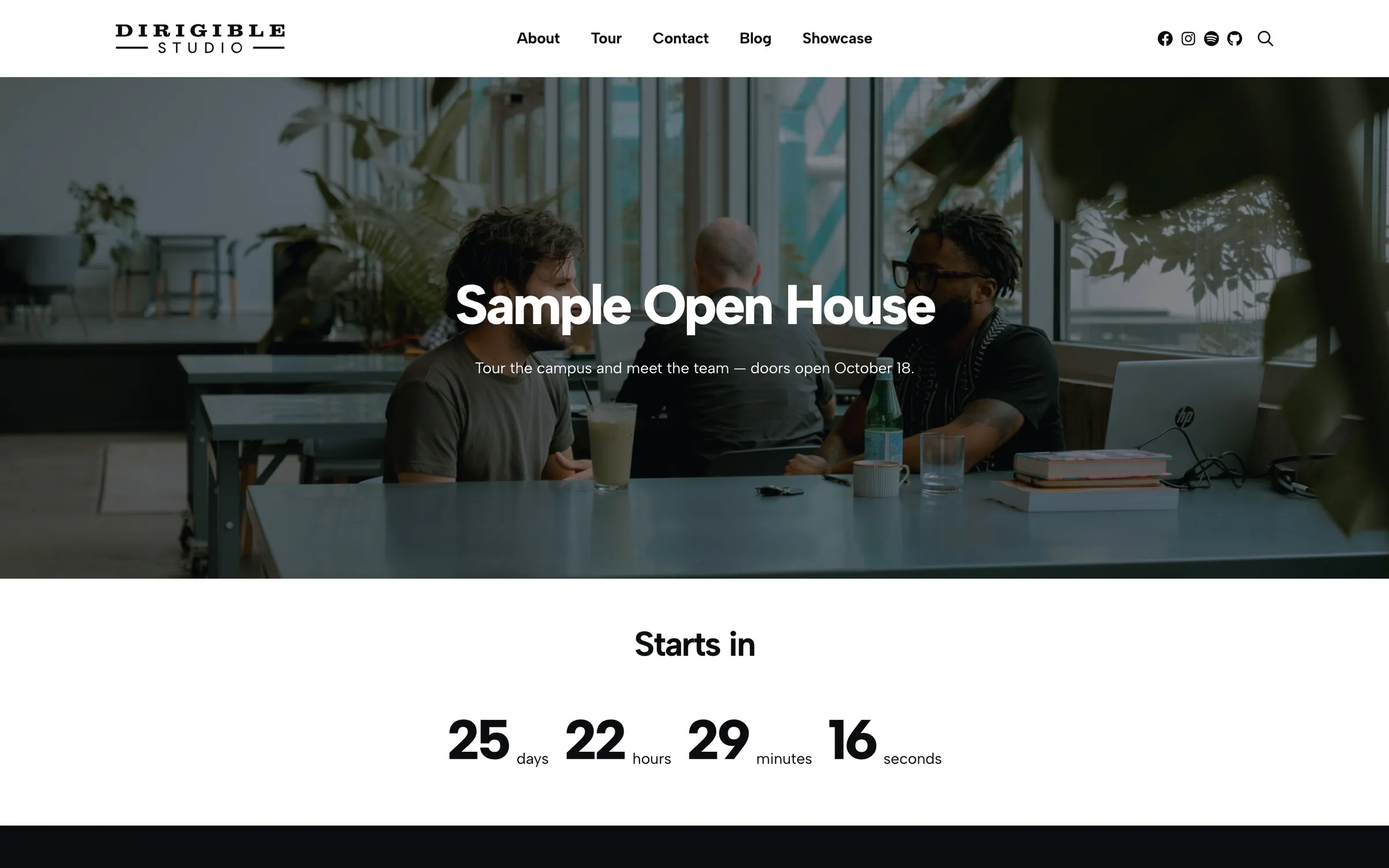 Sample Open House hero photo of people talking in a bright workspace, with a Starts in countdown showing days, hours, minutes, and seconds below.