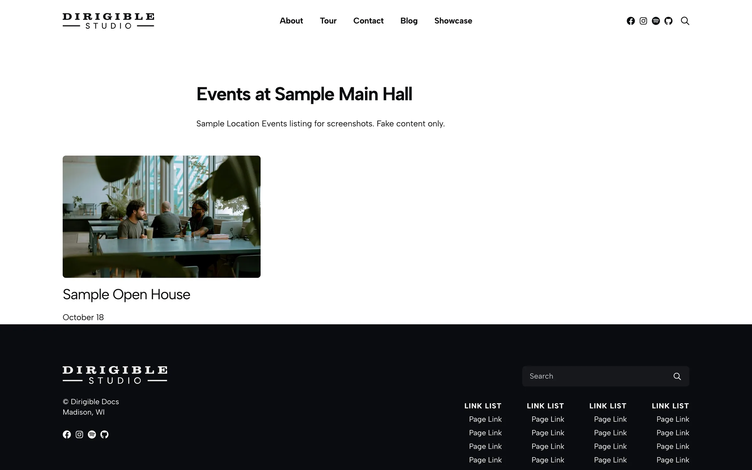 Location Events listing for Sample Main Hall showing Sample Open House cards with dates and venue details.