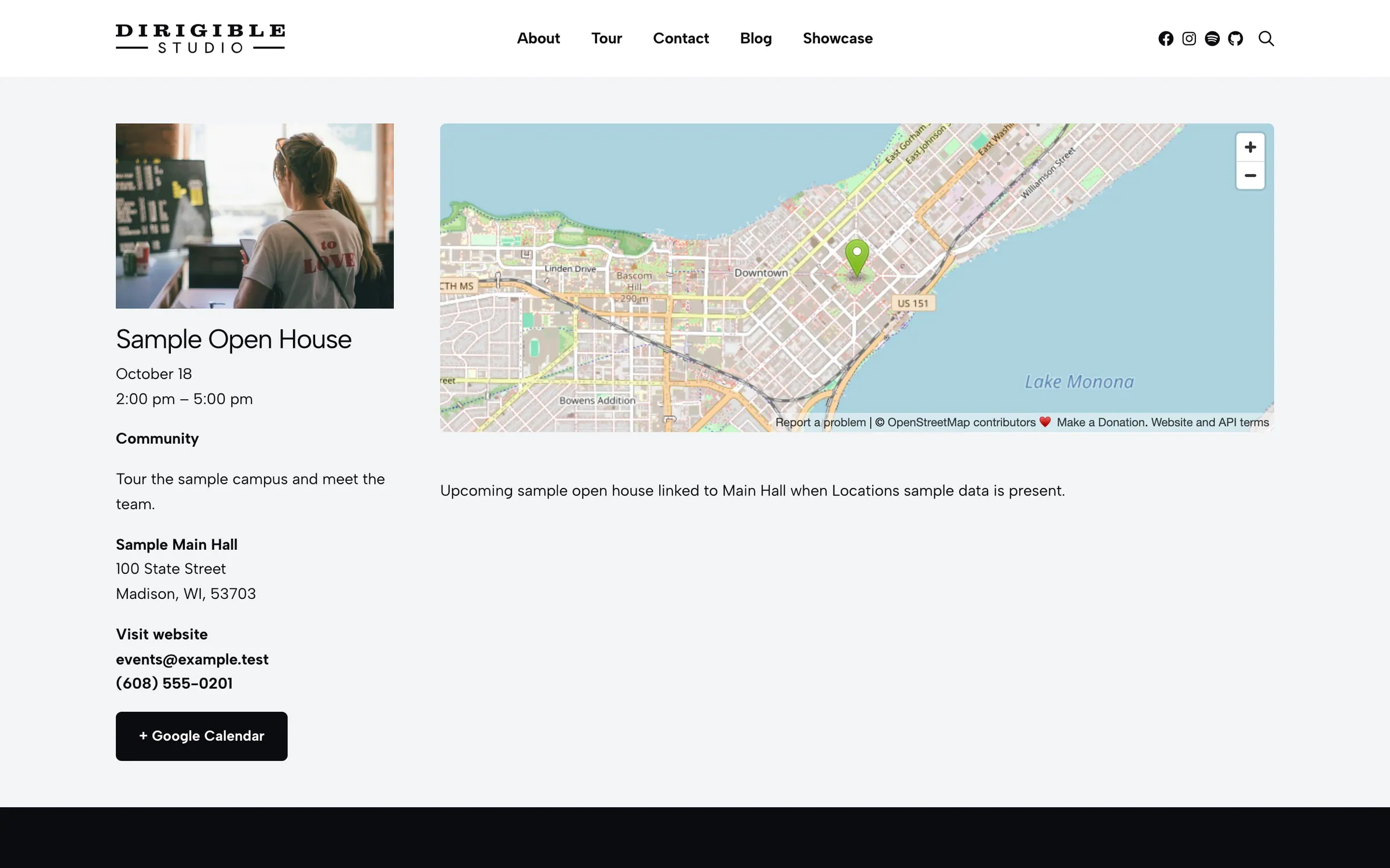 Sample Open House event page with hero photo, date and time, Sample Main Hall venue, and event details.