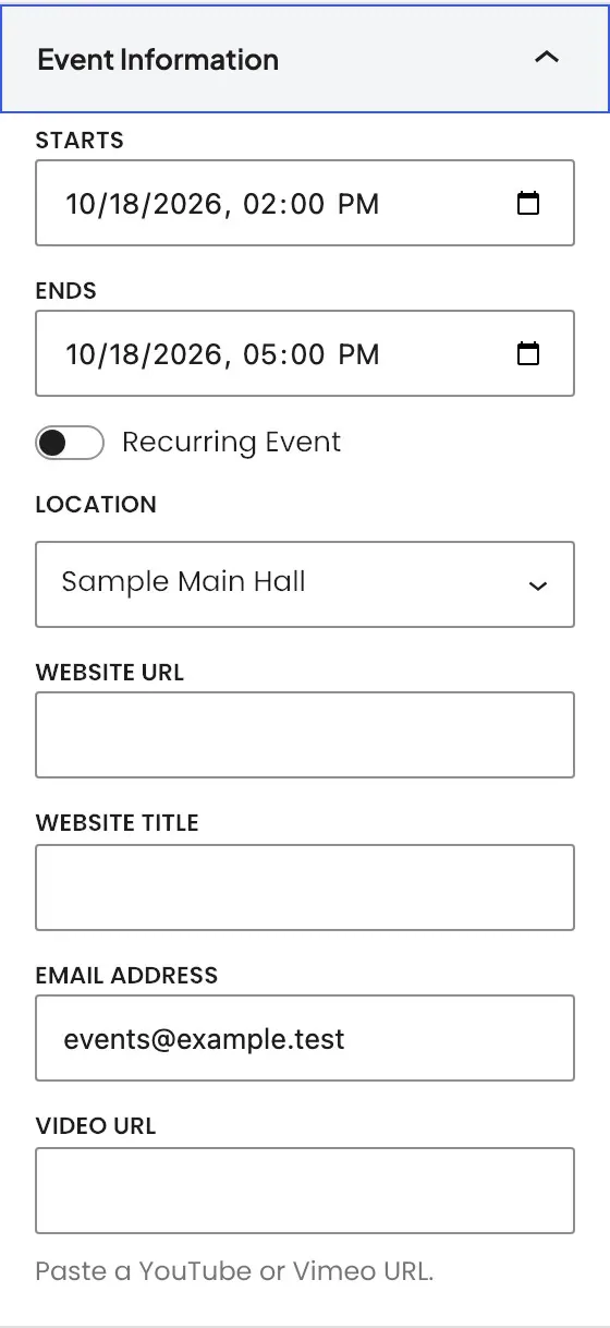 Event Information panel in the event sidebar showing Starts, venue, address, and contact fields for Sample Open House.