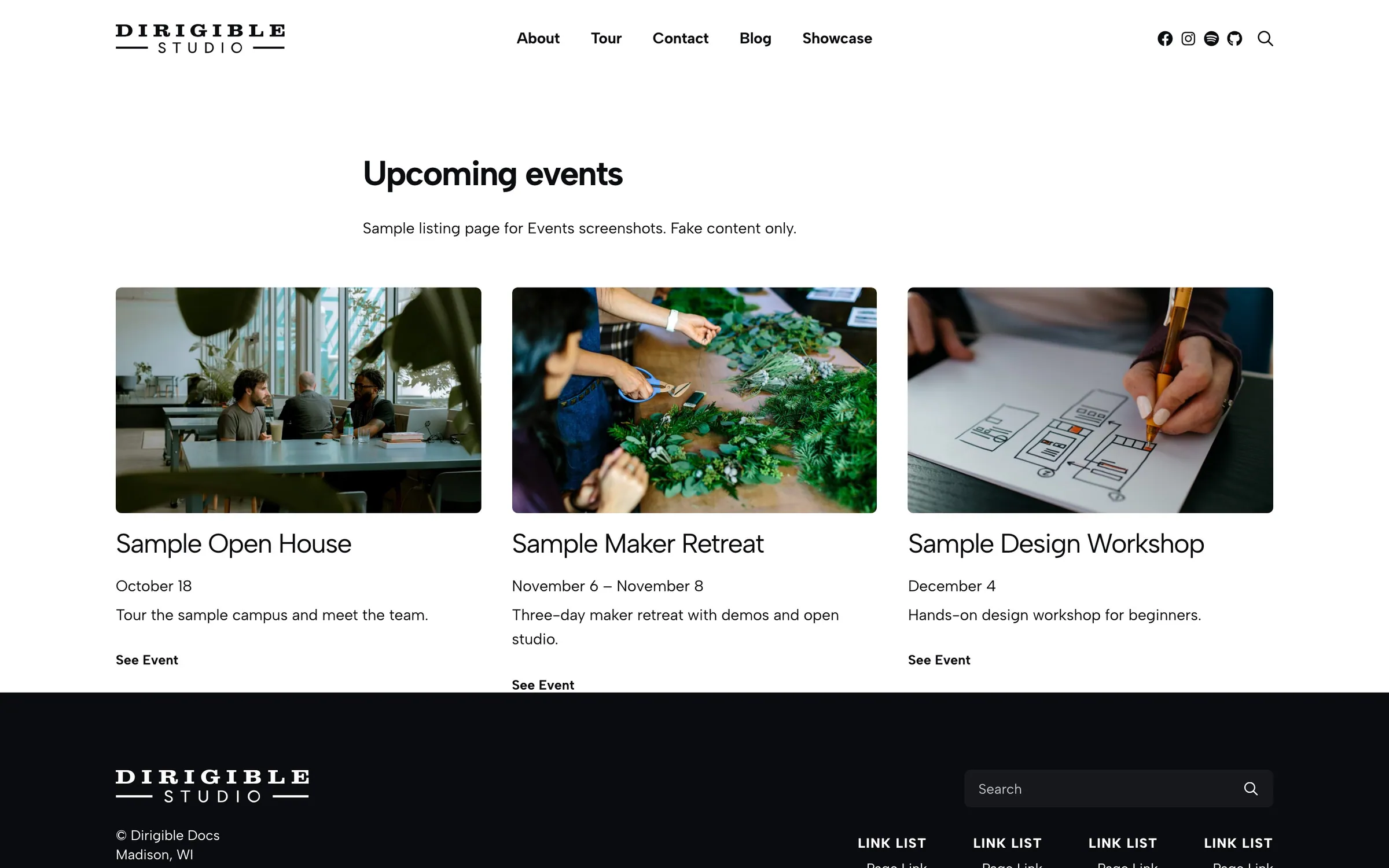 Card grid of upcoming sample events with photos, dates, and venue names.