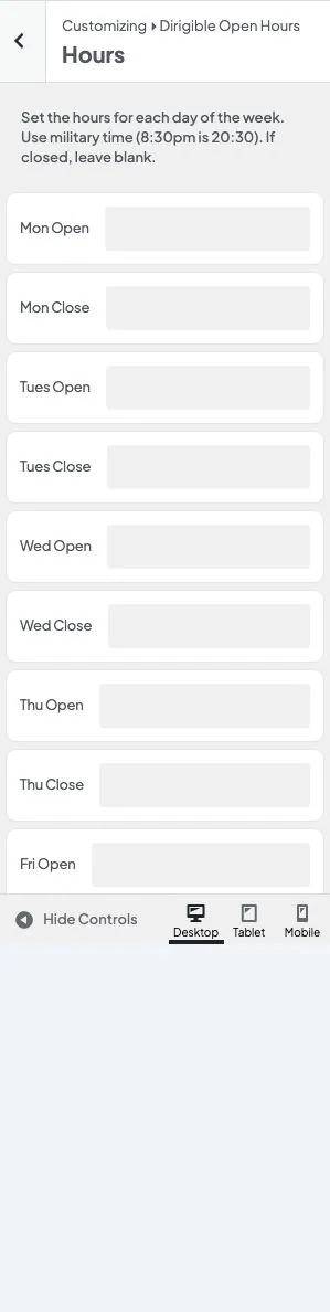 Customizer Hours panel with weekly open and close time fields