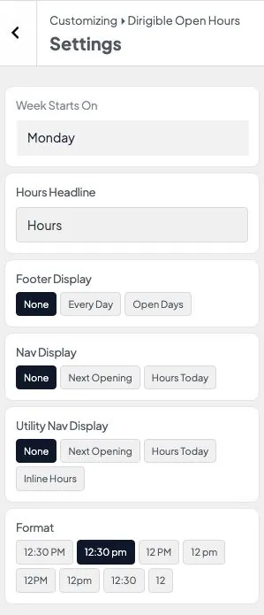 Customizer Hours display settings for where hours appear on the site