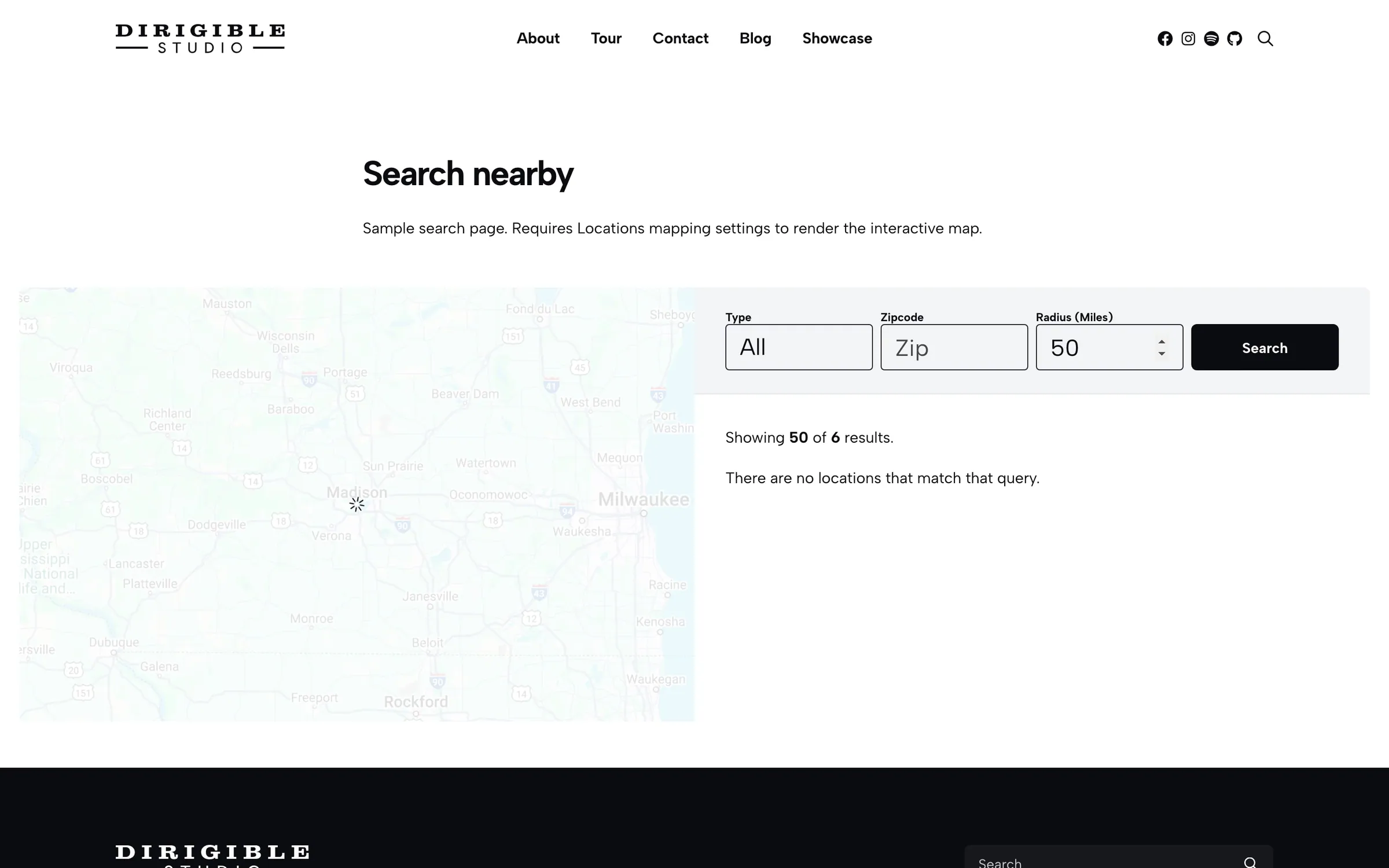 Location search with results list and map.