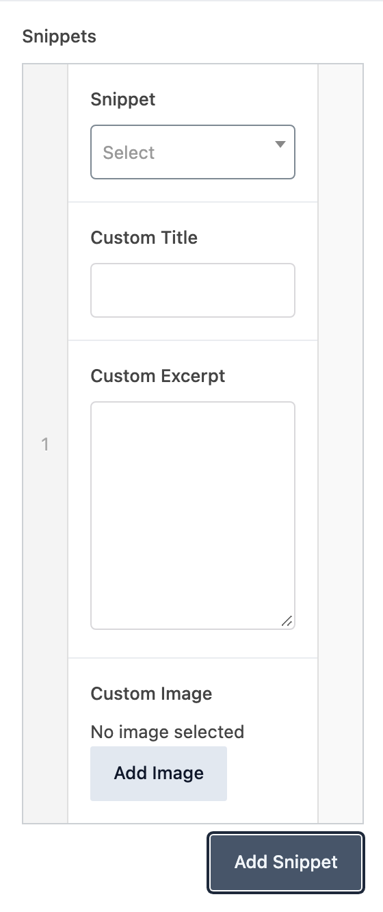 Snippets (repeater) setting in the block editor sidebar
