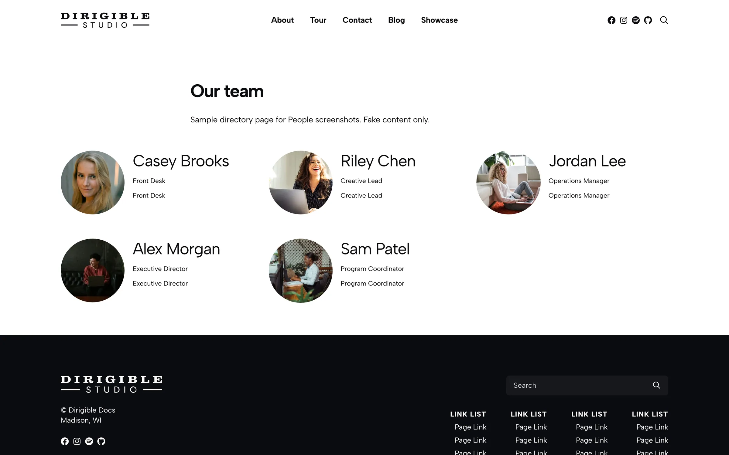 People directory with portrait cards and category filters.