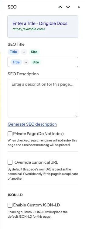 Page editor sidebar SEO box with title and description fields