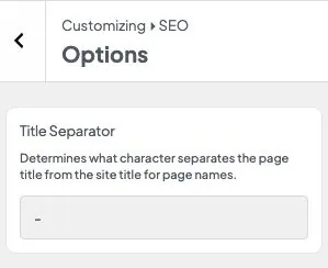 Customizer SEO Options panel showing Title Separator