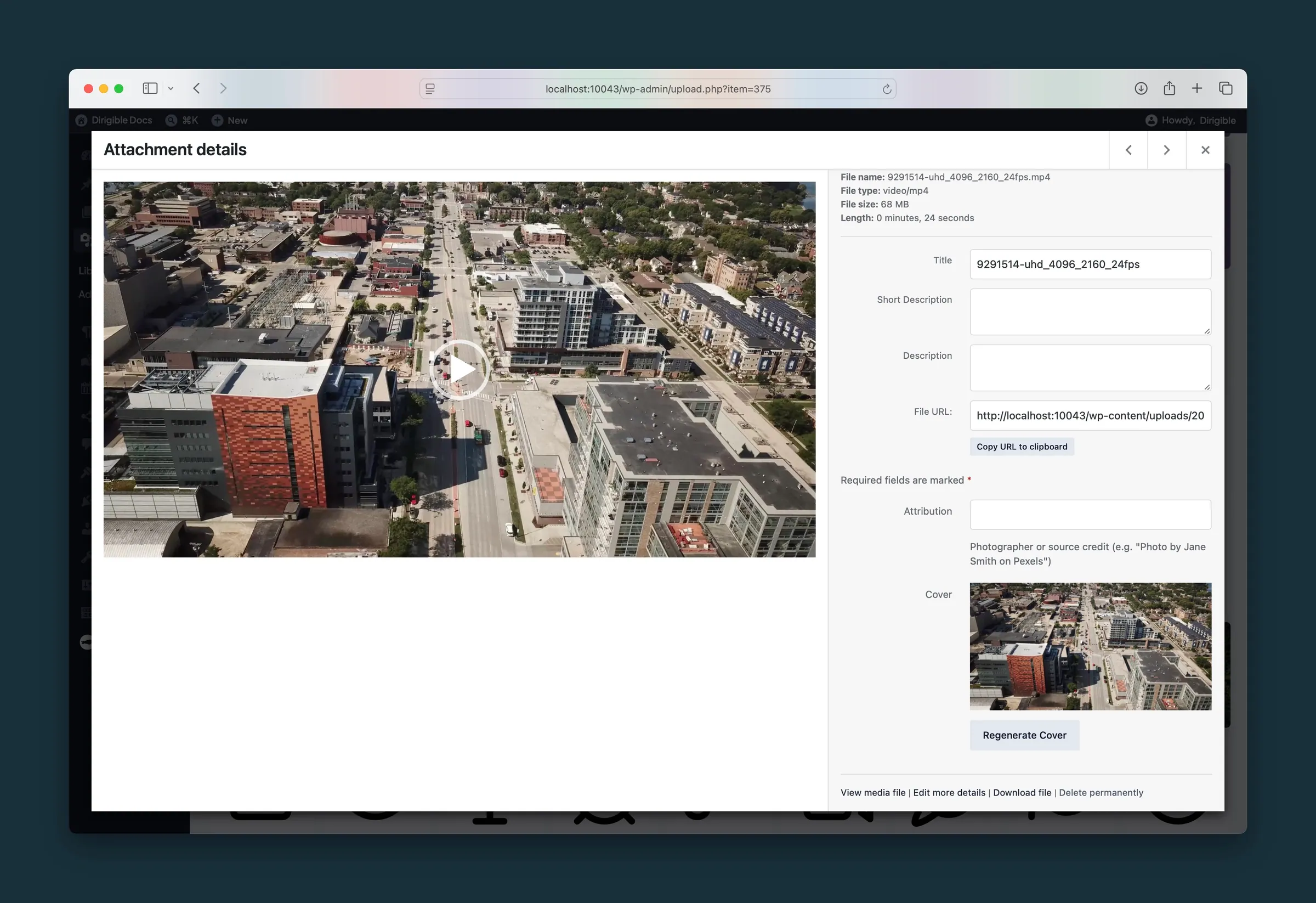 Video attachment details with a Cover preview and Regenerate Cover button