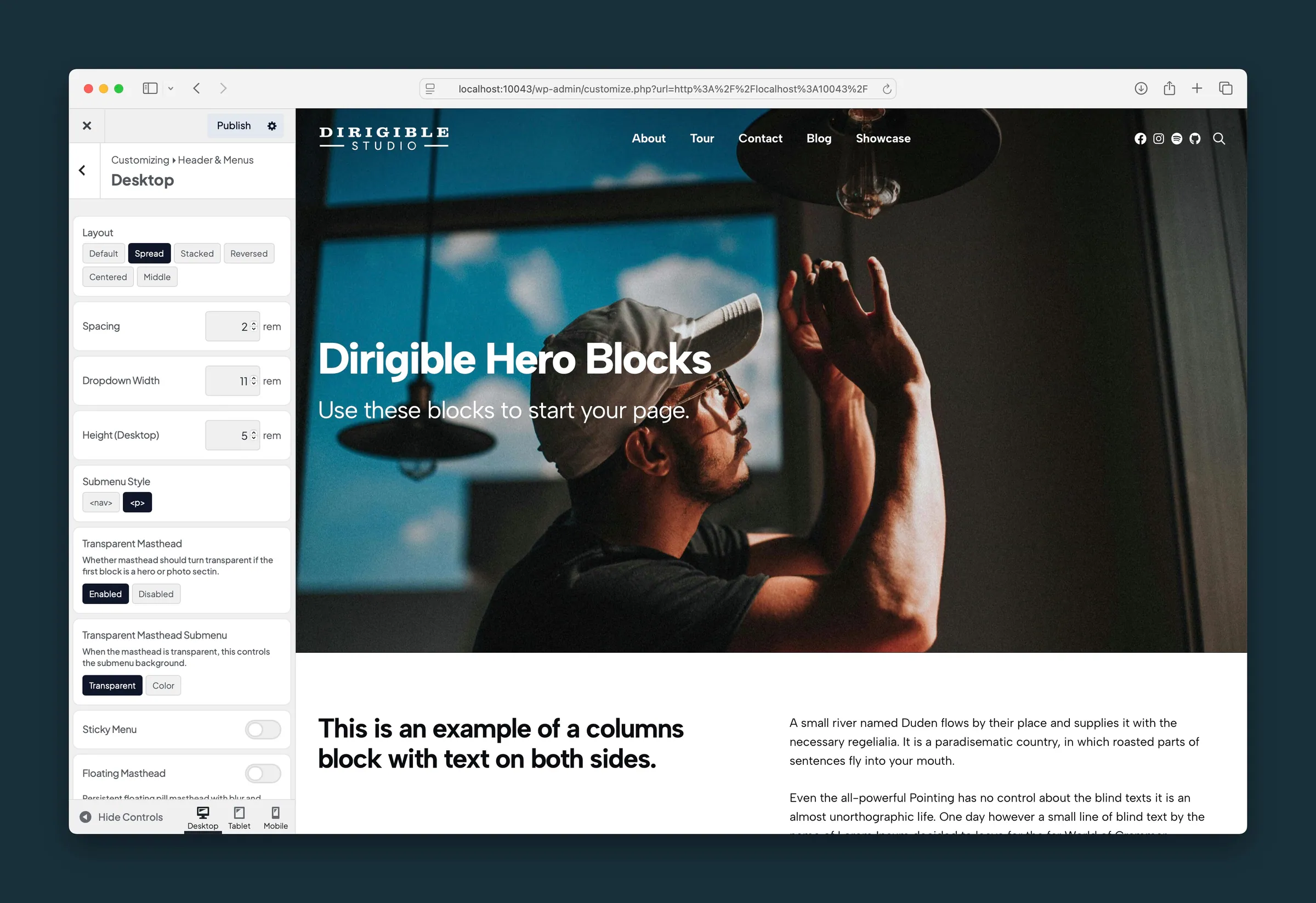 Customizer Header and Menus Desktop settings with a live homepage preview