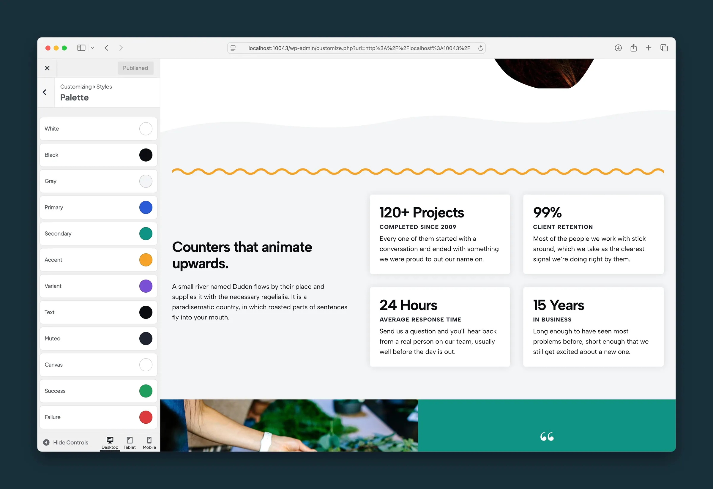 Customizer Styles Palette panel with color swatches and a live page preview