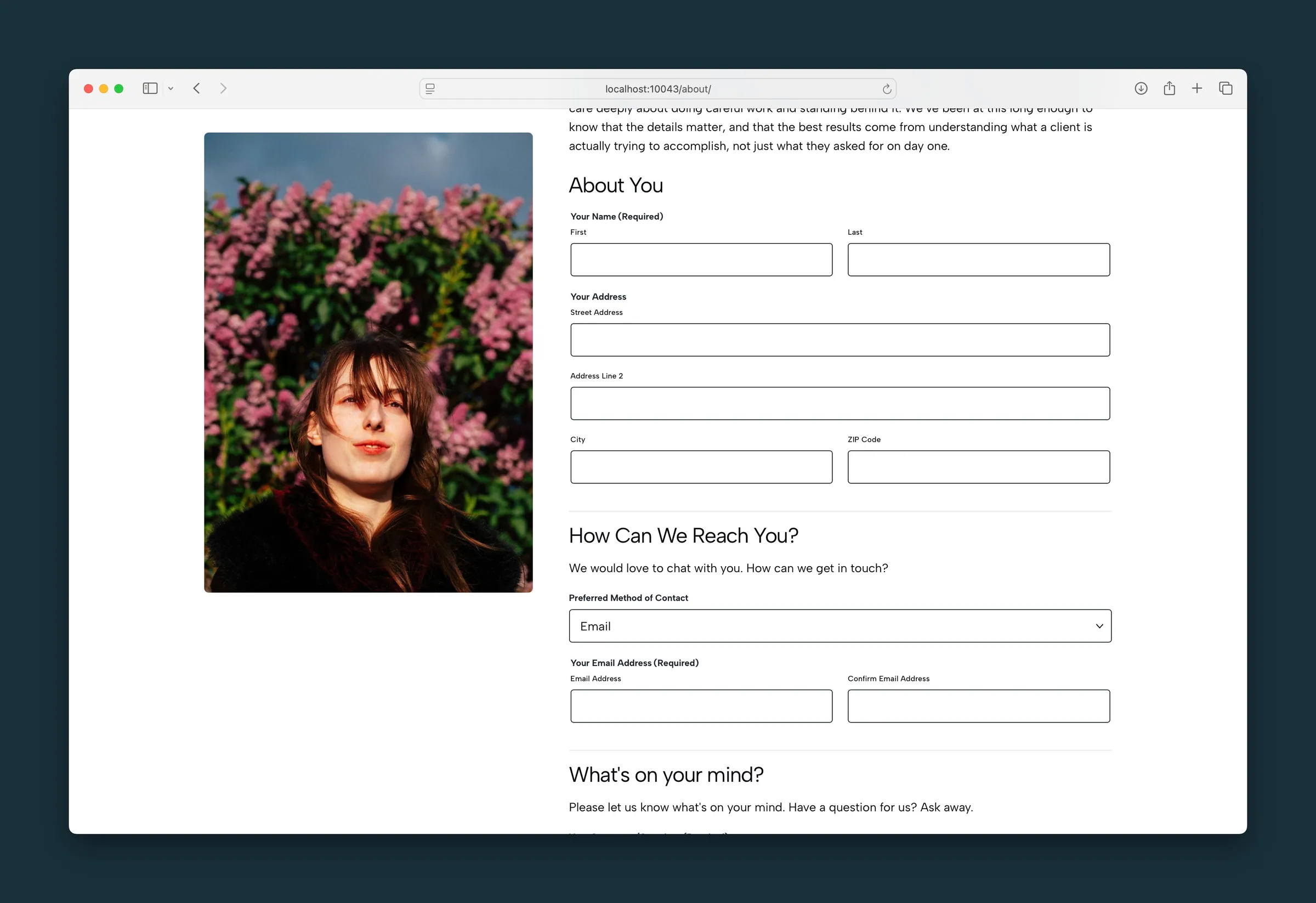 About page contact form with name, address, and email fields beside a portrait